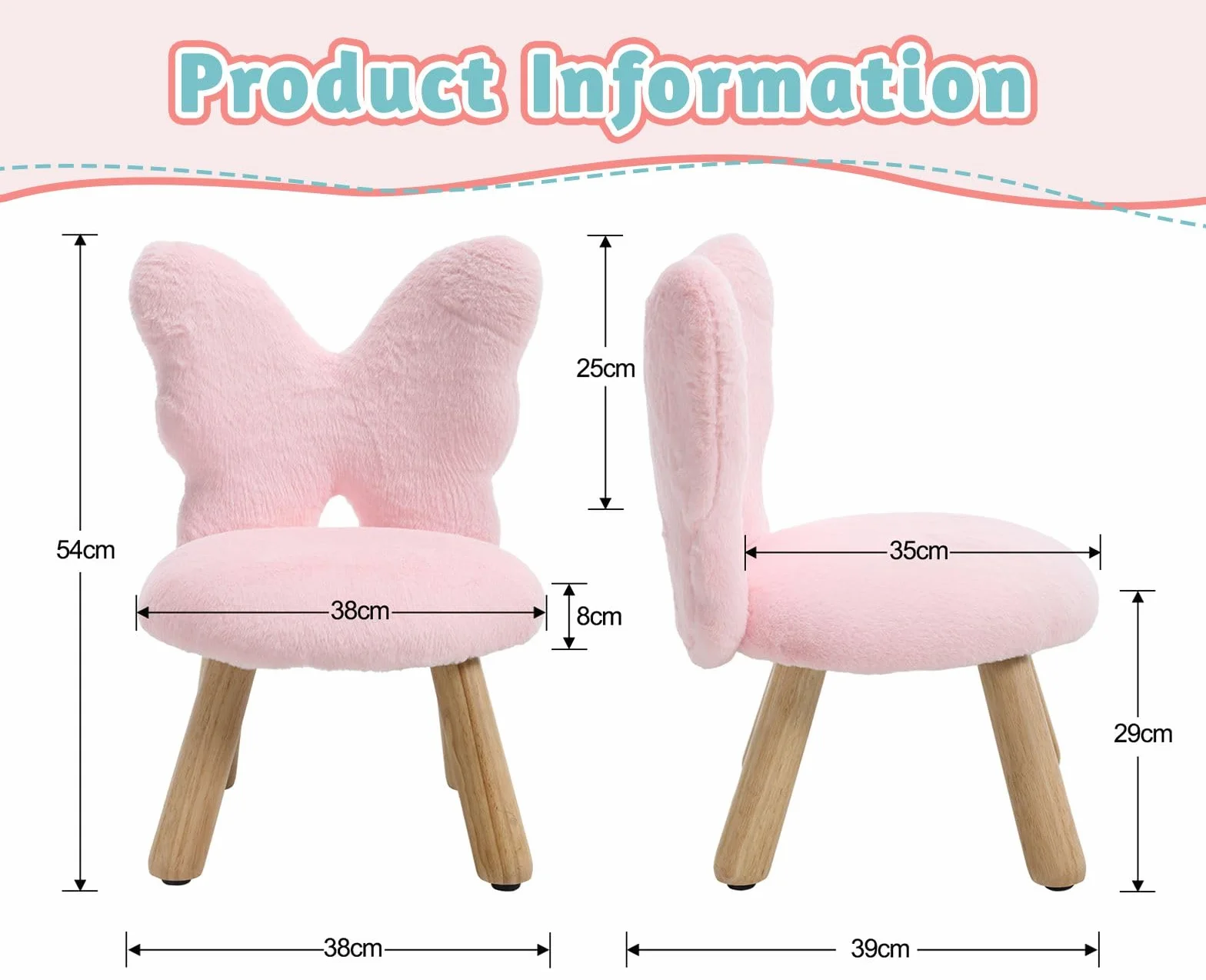 chairus Tabouret Enfant avec Dossier en Forme de Papillon, Chaise Enfant en Fausse Fourrure, Petit Tabouret Bois pour Chambre, Salon, Rose