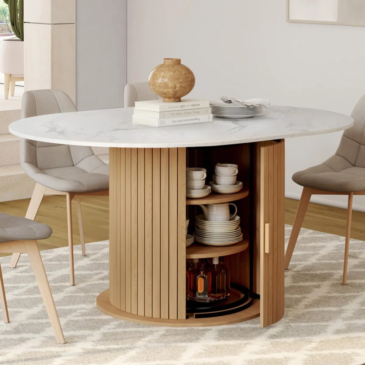IDMarket - Table à Manger Extensible Ronde Juliette 4-8 Personnes Pied Lattes avec Rangement et Plateau Effet marbre Blanc 110-150 cm