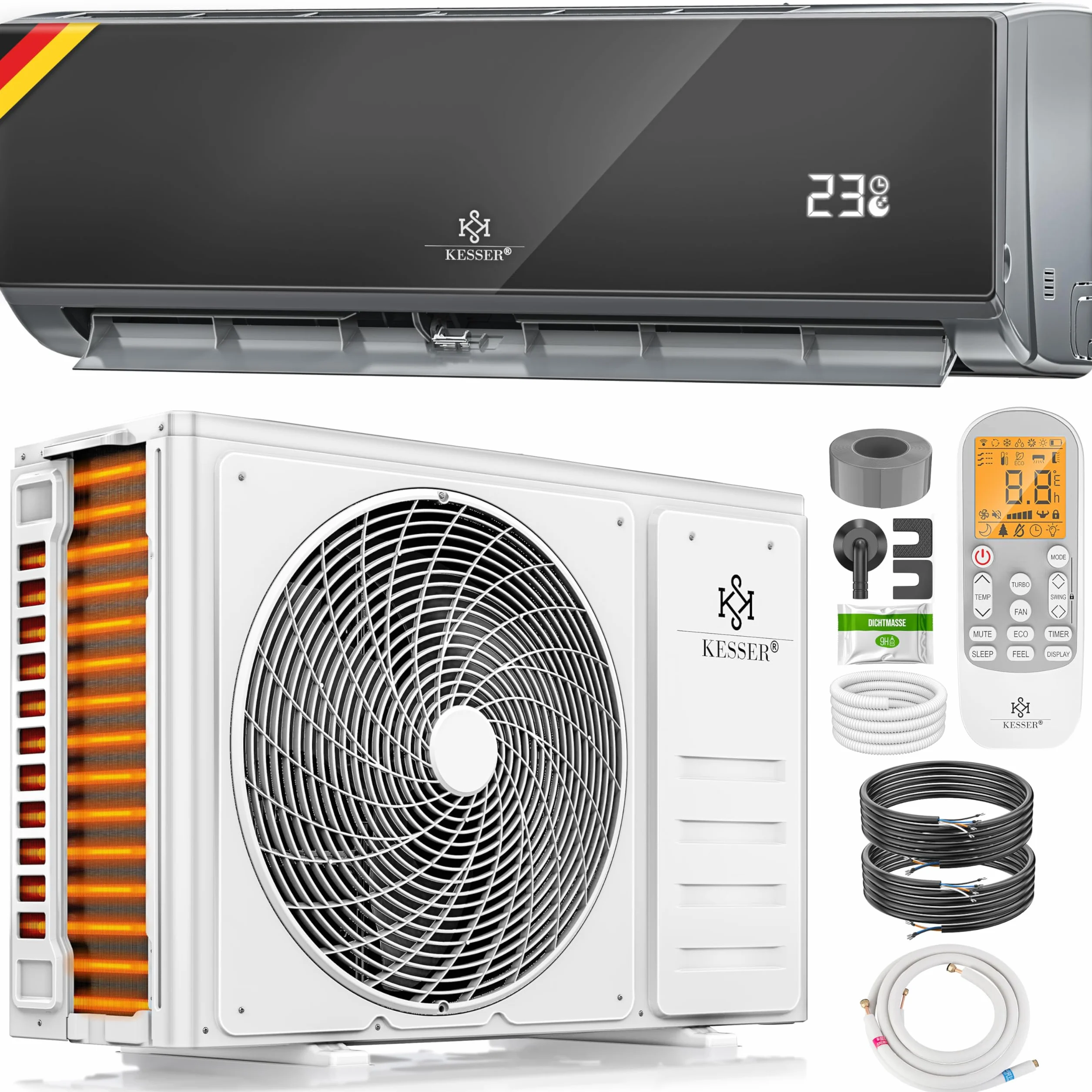 KESSER® Climatiseur SET Split WiFi/application – Refroidissement A++/chauffage A+ – Réfrigérant R32 – Télécommande, matériel de montage 12000 BTU/h (3400 watts) Anthrazite [Classe énergétique A++]