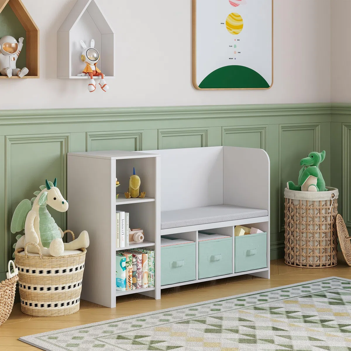 [en.casa] Étagère pour Enfants avec Banc d'Assise Coussin Confortable Bibliothèque Meuble à Chaussures Panneau de Particules Polyester Polyuréthane 76 x 112 x 40 cm Blanc Vert Menthe