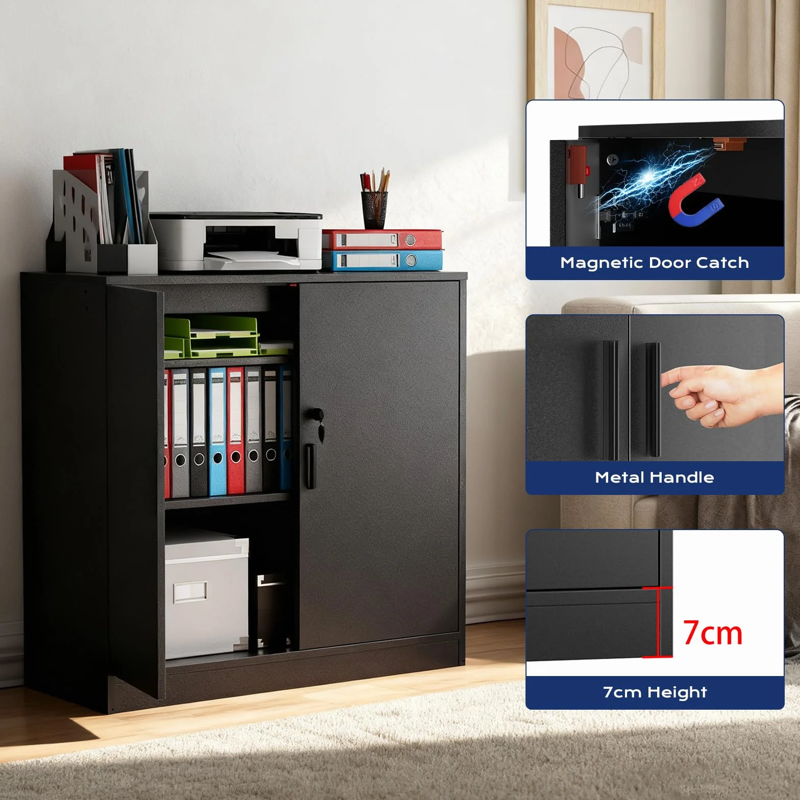 Armoire de Bureau, Meuble Rangement Bureau Fermant à clé, Armoire de Rangement pour Garage Salon Chambre Buffet Imprimante Papier Administratif avec 2 Porte, Placages Réglables, Noir