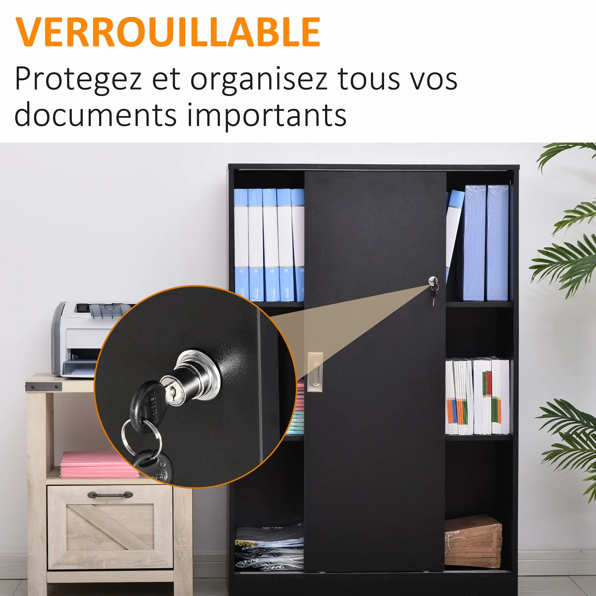HOMCOM Armoire de Bureau 2 Portes coulissantes verrouillables dim. 80L x 40l x 120H cm 2 étagères Panneaux Particules Noir