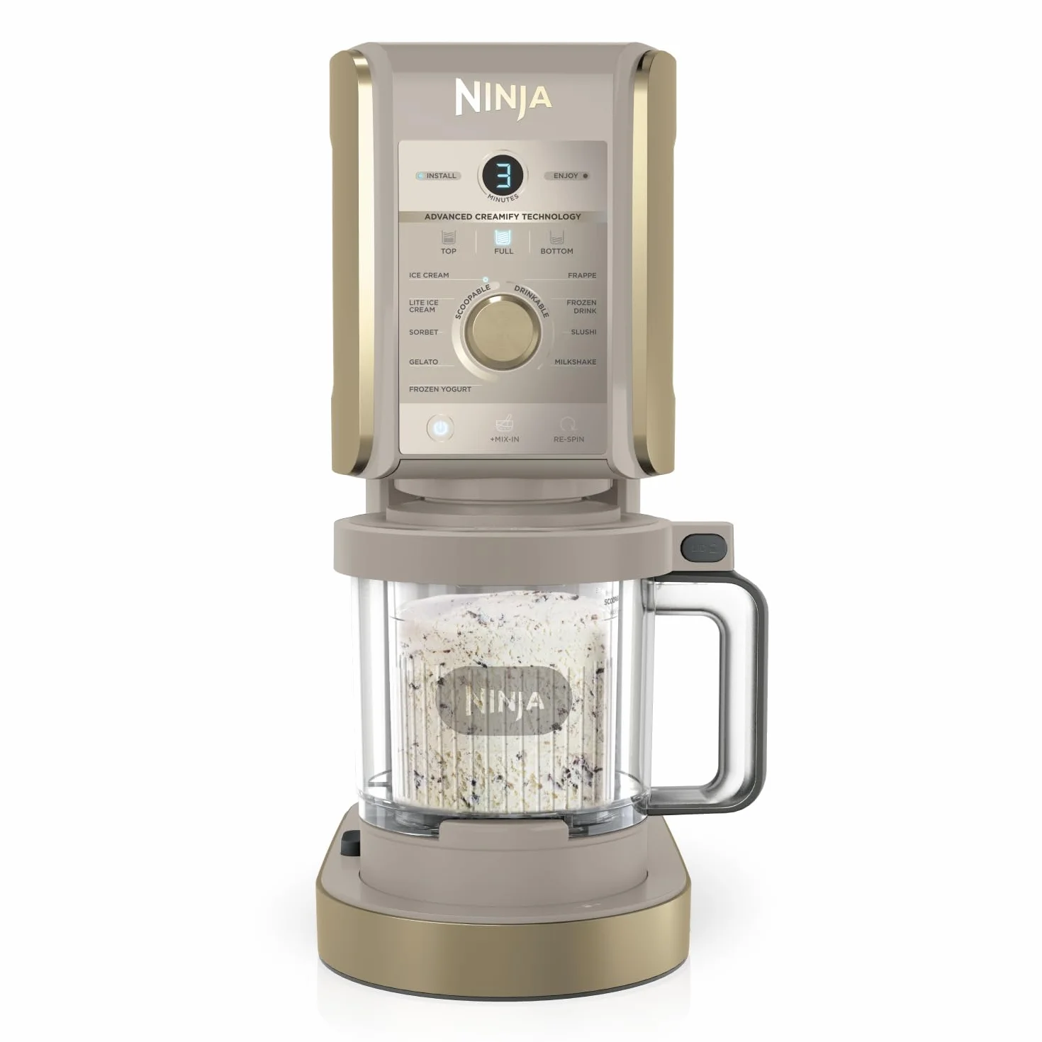 Ninja CREAMi Deluxe Machine a glace et sorbetière, 2 bacs, 10 fonctions, crème glacée, yaourts glacés, des milkshakes, des slush, Pièces amovibles lavables au lave-vaisselle, Stone/Or NC502EUSTGD