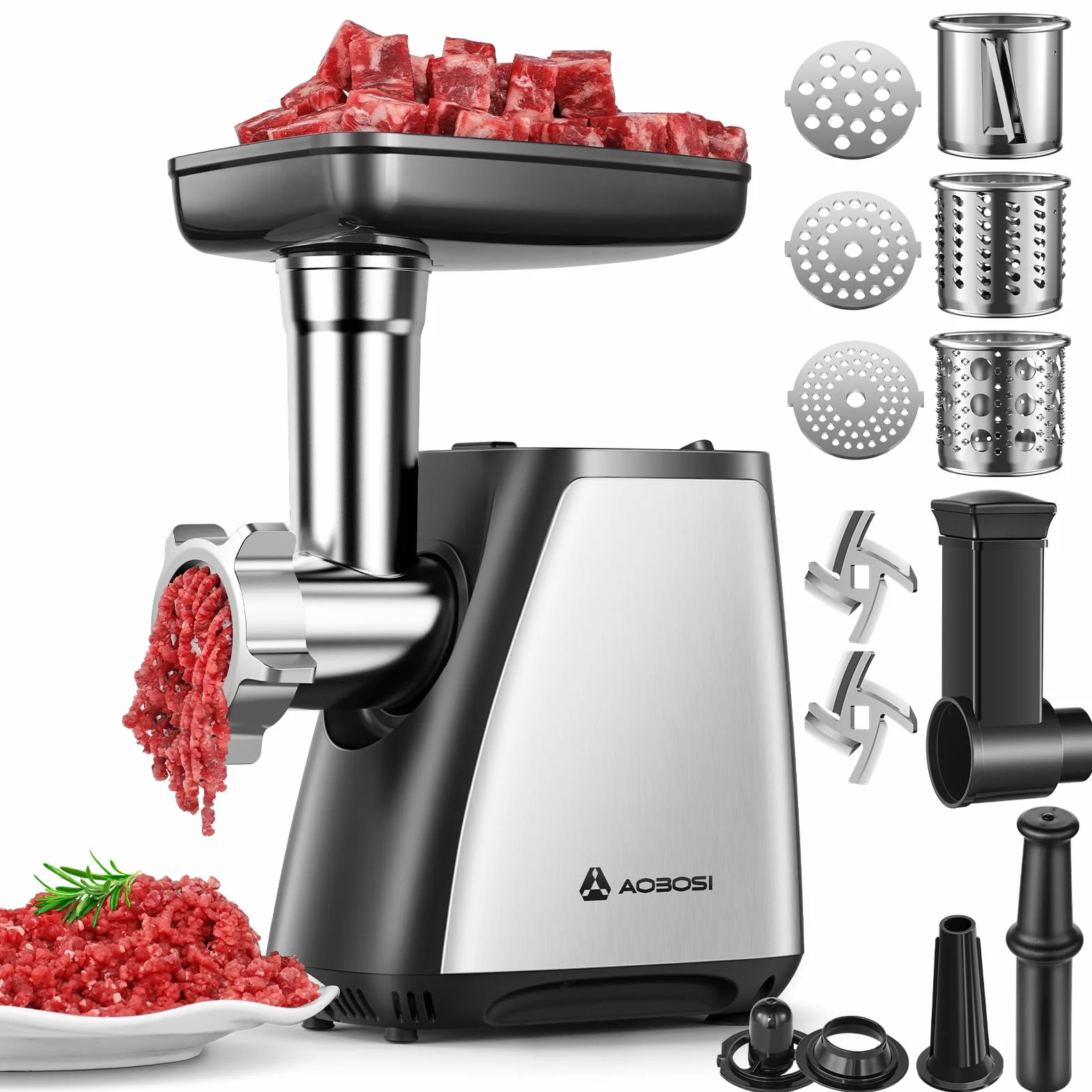 AAOBOSI Hachoir À Viande,Hachoir À Viande Électrique 4-En-1[2800 W Max]Avec 3 Lames Pour Trancher, Déchiqueter,2 Lames,3 Plaques,Farceuse À Saucisses,Kit Kubbe,Pour Cuisine À Domicile,Acier Inoxydable