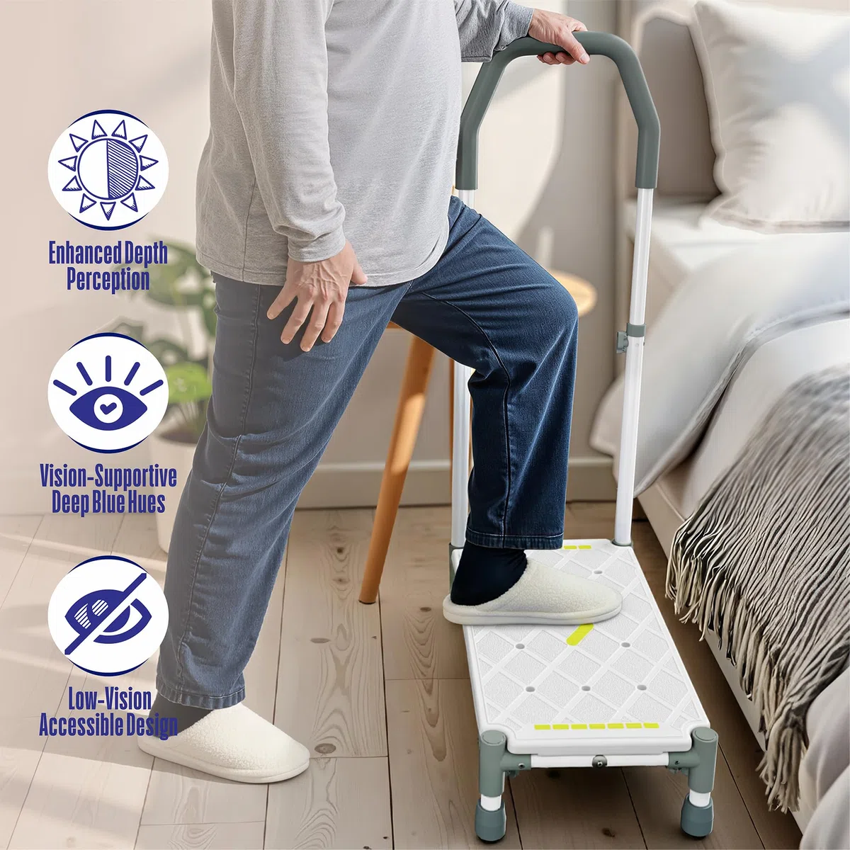 Marchepied avec marche de 55 cm – Accoudoirs réglables en hauteur, charge maximale 225 kg, bandes luminescentes et antidérapantes – Idéal pour lits hauts, camping-car, cuisine, salle de bain