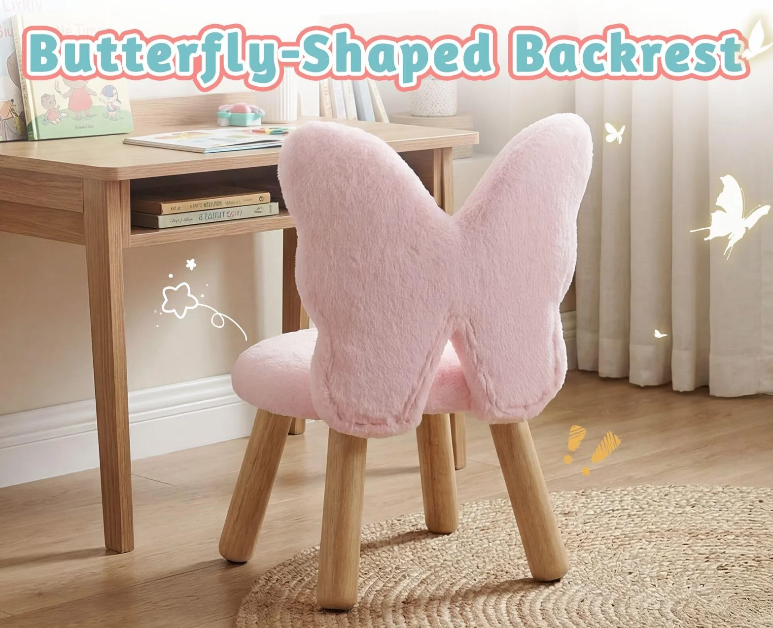 chairus Tabouret Enfant avec Dossier en Forme de Papillon, Chaise Enfant en Fausse Fourrure, Petit Tabouret Bois pour Chambre, Salon, Rose