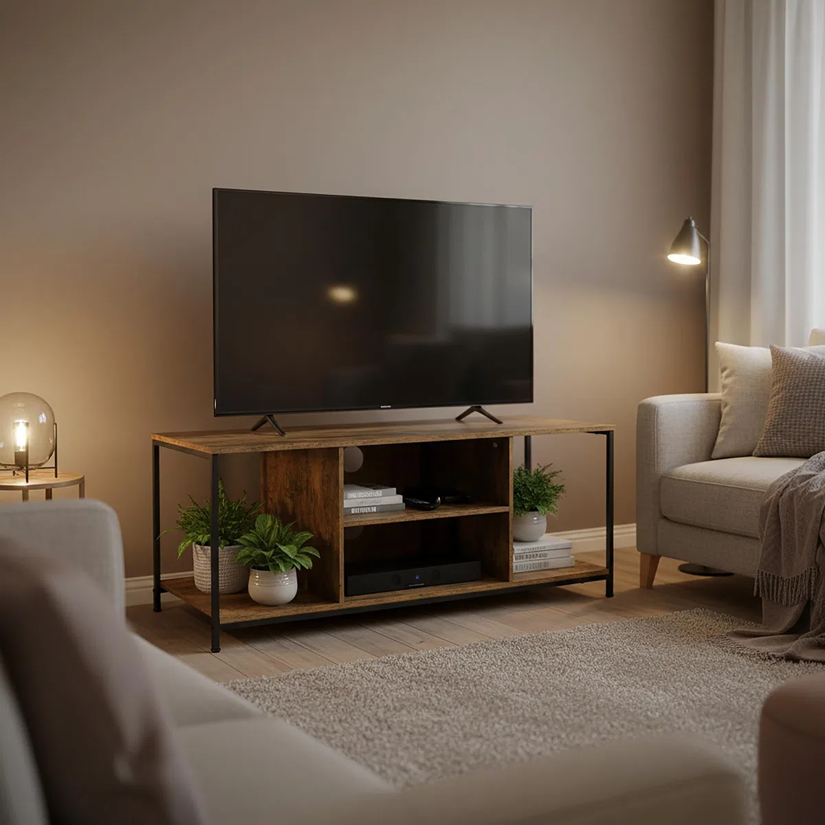 Relaxdays Meuble TV Industriel 4 Compartiments, Passe-câbles, pour TV Jusqu’à 55", Brun/Noir 50x120x40 cm
