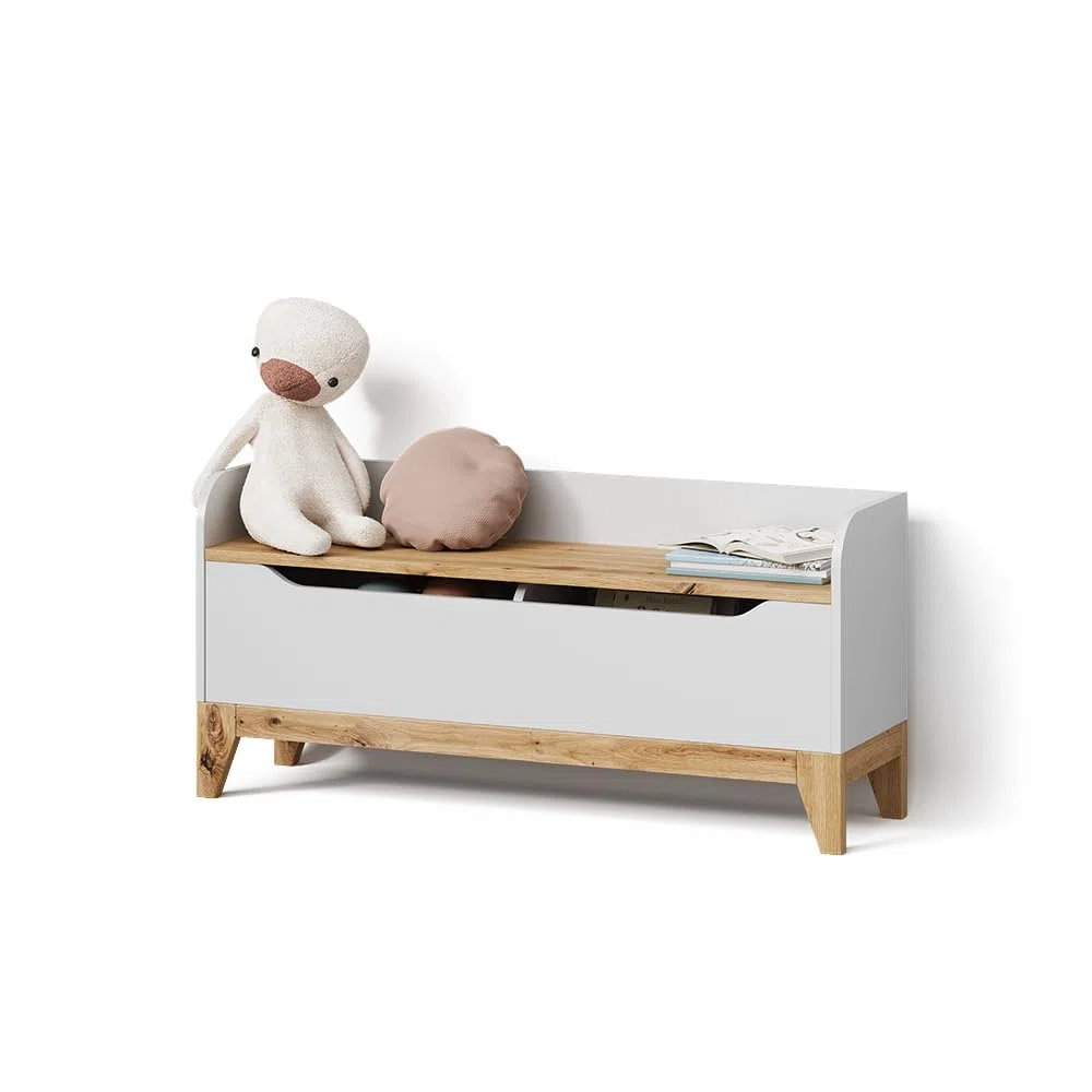 Livinity Coffre à Jouets Mailo, Blanc/Artisan, 107.2x50cm avec Banc
