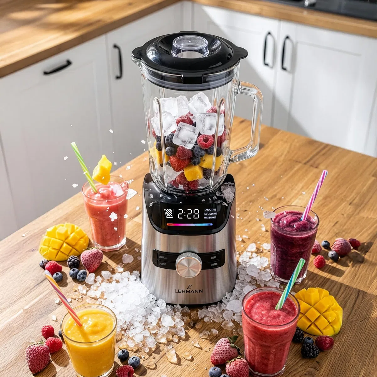LEHMANN Blender avec Bol en Verre 1,7 L, 10 Vitesse Ajustable, Pulse et 3 Programmes - Smoothie, Milkshake, Glace Pilée, Nettoyage Facile, Bouteille Blend & Go et Moulin sans BPA, 1400 W, Argent