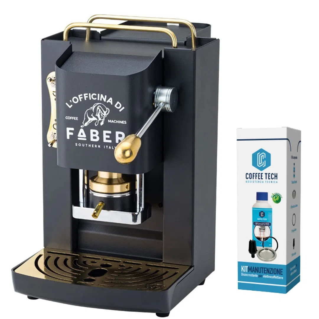 Faber Pro Deluxe Machine à café en laiton avec dosettes en papier glacé 44 mm + 20 dosettes Emozioni (noir)