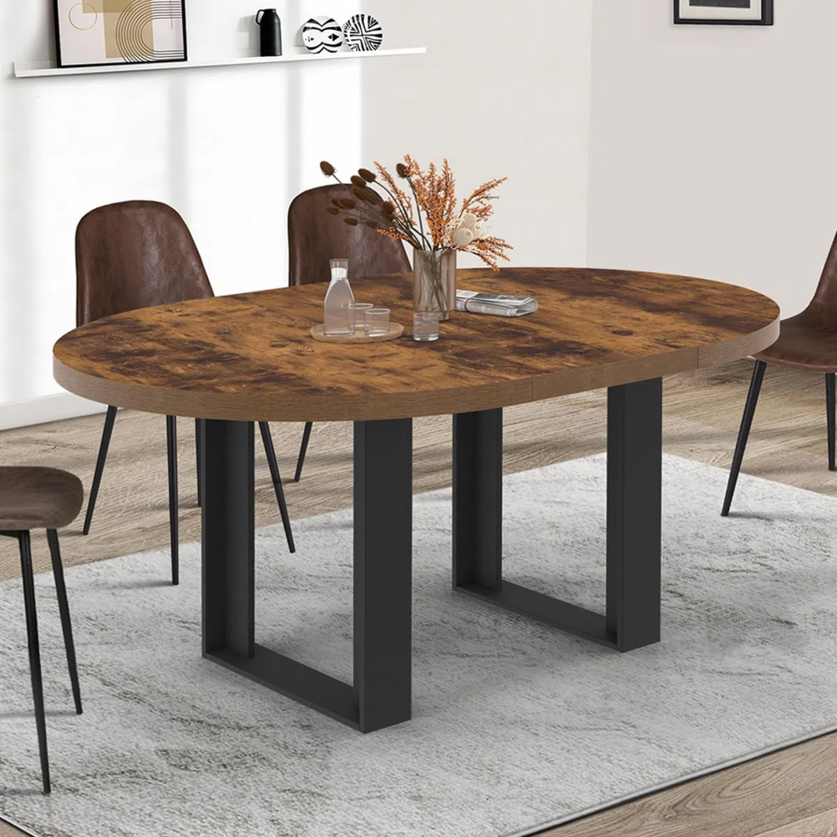 IDMarket - Table à Manger Extensible Ronde Phoenix 4-6 Personnes Bois foncé Effet Vieilli et Noir 110-150 cm