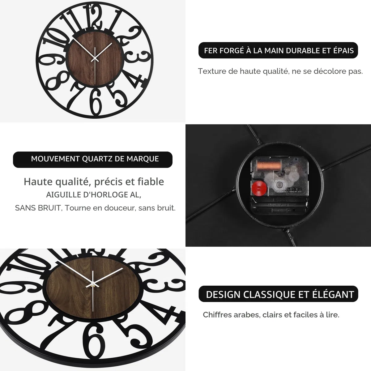 Horloge Murale Design Moderne et Vintage, 60cm/ 24 Pouces Silencieuse sans Tic-Tac, Grande Horloge Murale Géante XXL, Disponible en 34cm, 40cm, 50 cm, 60 cm, 80 cm pour le Salon Cuisine Bureau