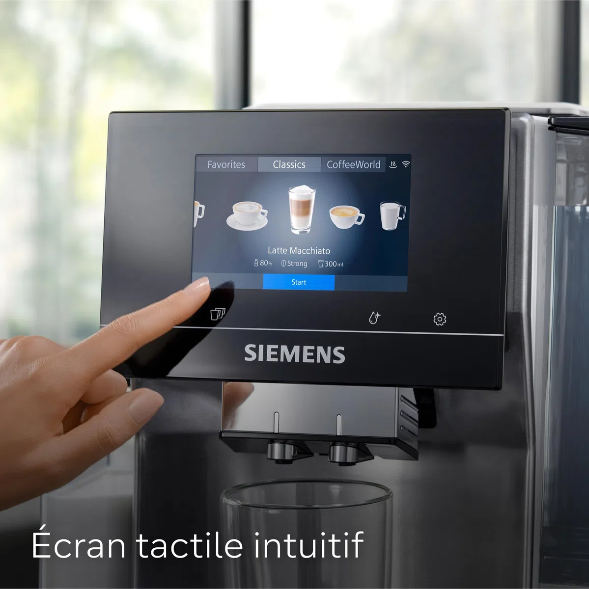 SIEMENS, machine à café à grain automatique, EQ700, écran iSelect, coffeeWorld, Cold Brew, Slow Brew, bac à lait, adaptateur briques de lait, Home Connect, acier inoxydable, blanc, TQ715R03 integral