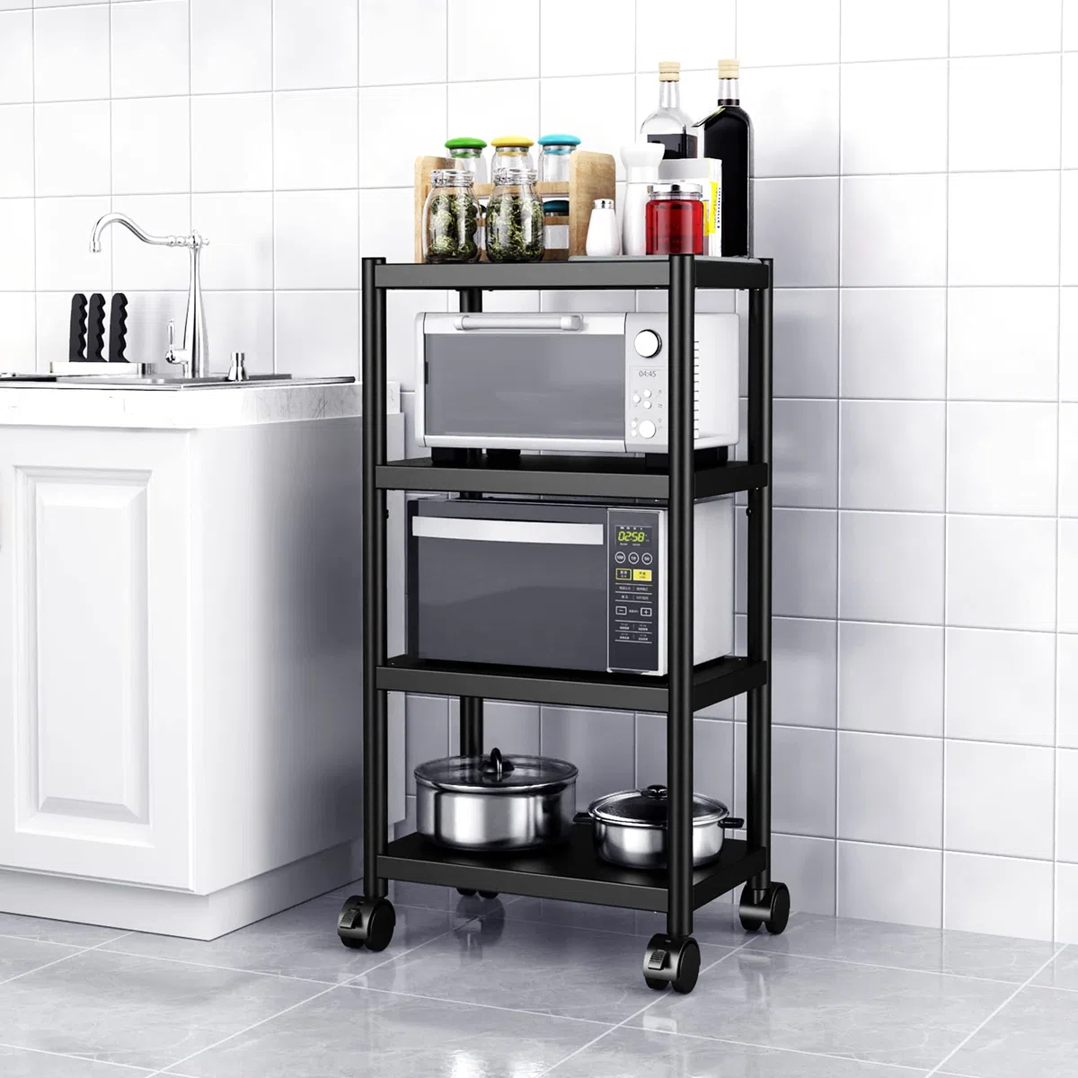 WPT Étagère de Rangement Utilitaire de Cuisine sur roulettes pour Micro-Ondes 4 étages en Acier Inoxydable