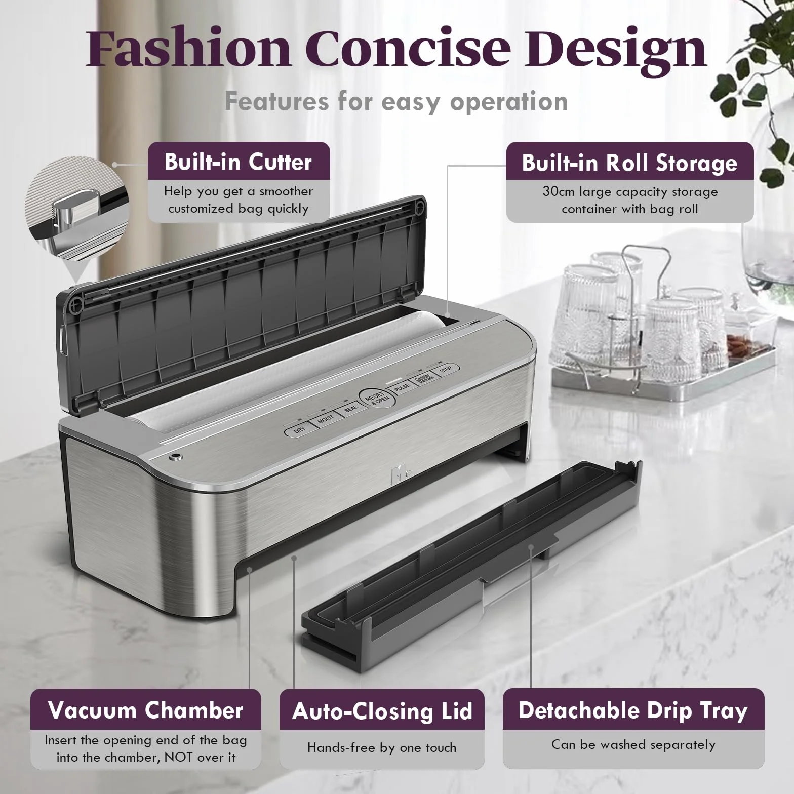 Mesliese 85 kPa 120 W Machine Sous Vide Alimentaire, Système D'étanchéité Puissant, Cutter Intégré, Rangement de Sacs, Mode Humide et Tuyau D'aspiration D'air, 2 Rouleaux de Sac (Argenté)