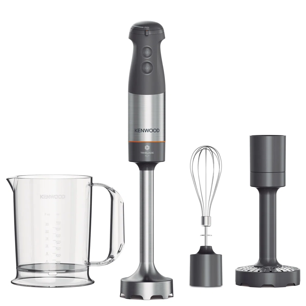 Kenwood HBM60.007GY, Mixeur Plongeant avec accessoires fouet en métal, bécher avec bec verseur, presse-purée métallique, 2 vitesses, 1000W, système Triblade, Tige XL, poignée SureGrip