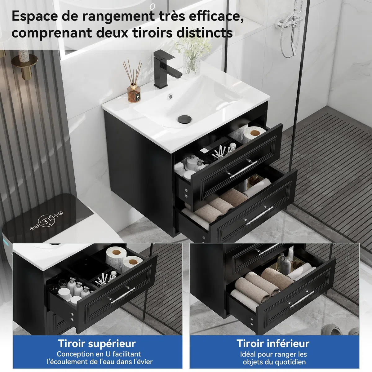 YU YUSING 60 cm Ensemble de Meuble de Salle de Bain Suspendu - Lavabo Céramique Blanc Incrusté, Robinet Noir, 2 Grands Tiroirs à Fermeture Douce, Design Moderne, Blanc et Noir, pour Espace Réduit