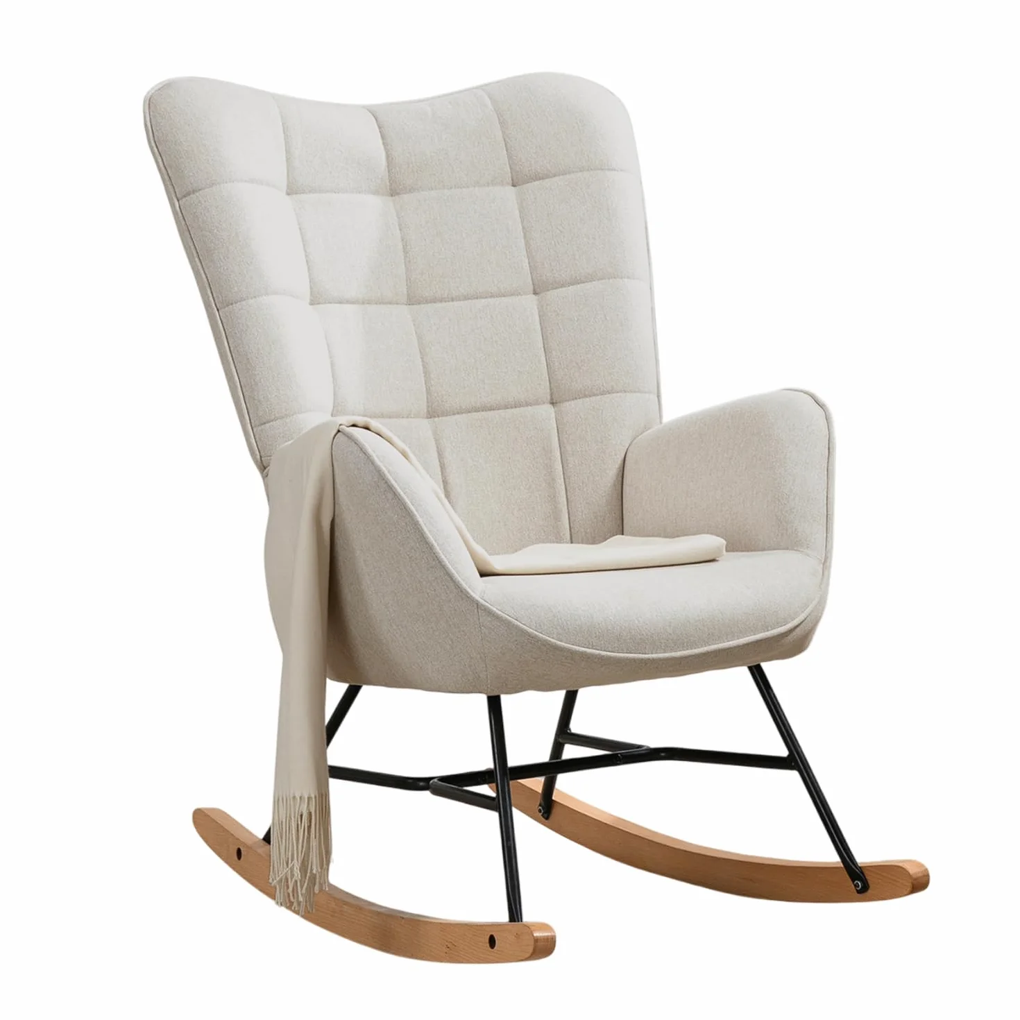 MEUBLE COSY Fauteuil à Bascule Allaitement Scandinave Chaise Loisir et Repos en Tissu avec Pieds en E' Bois Métal pour Salon, Chambre, Massif, Beige, 66x84x97cm