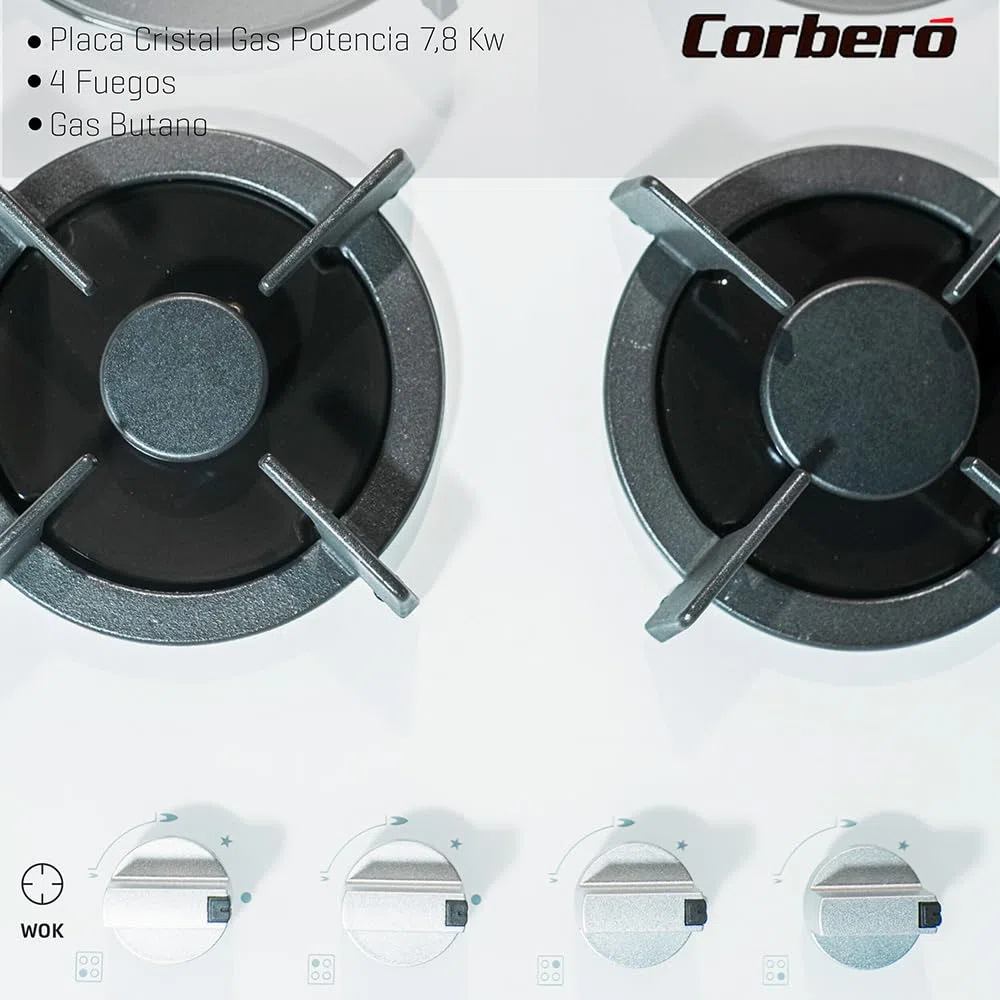 Corberó - Plaque en verre à gaz CPCGY2314W | Puissance 7,8 kW | 4 feux | Zone Wok | Grille en fonte | Valve de sécurité et arrêt automatique, blanc, fonte