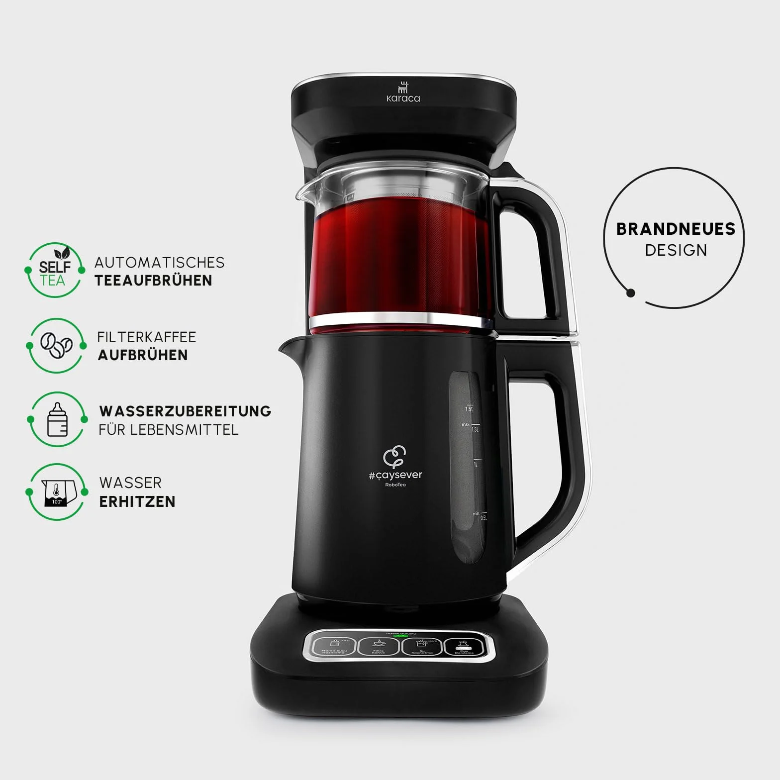 Karaca Caysever Robotea Pro 4-en-1 Theiere Electrique Automatique, Machine à Café Filtré, Bouilloire à Thé, Theiere avec Infuseur, 2500W, Chrome