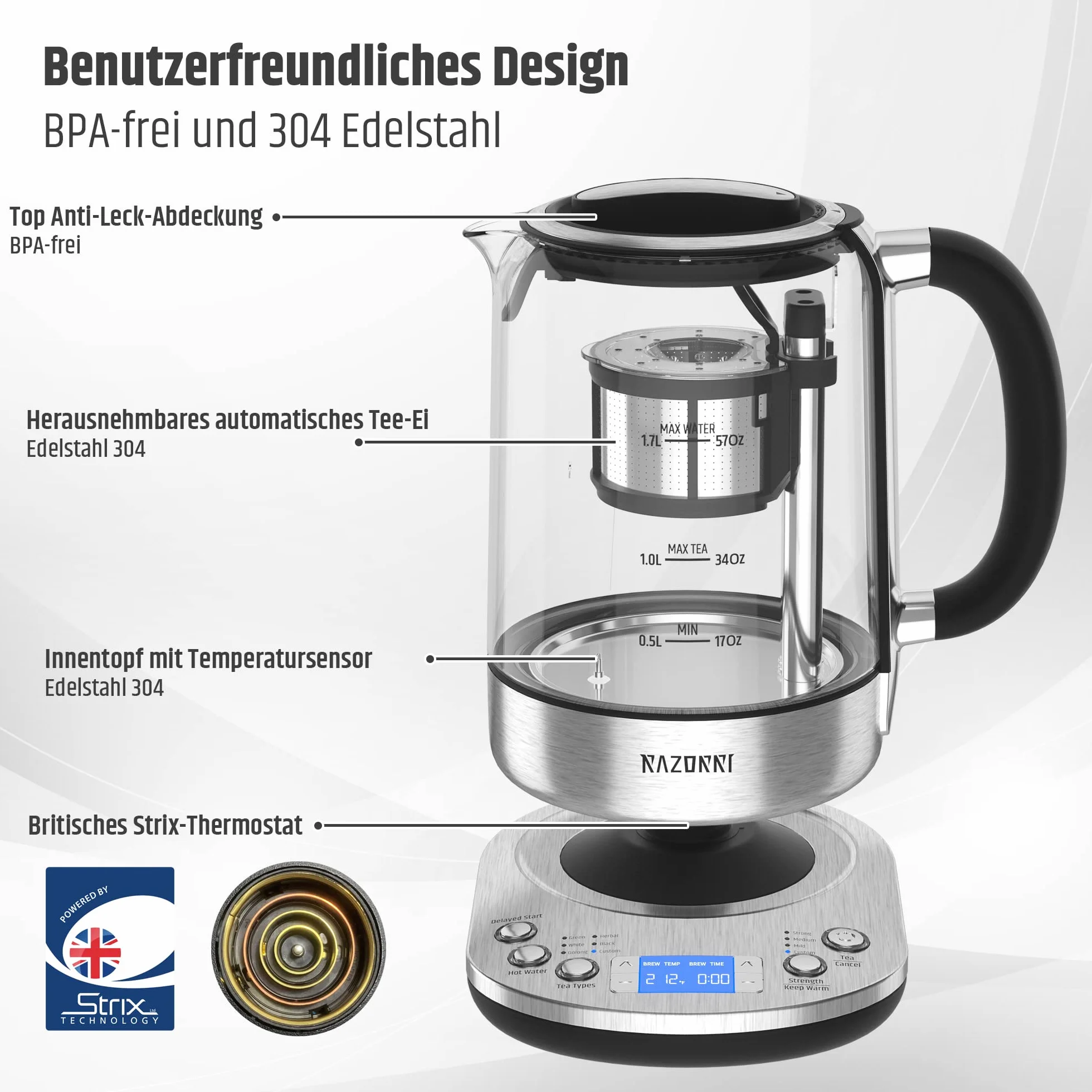 Razorri Théière électrique - 1,7 L - Panier à thé relevable automatique - 5 types de thé et 3 niveaux d'infusion - Garde au chaud jusqu'à 60 minutes - Démarrage retardé jusqu'à 24 heures