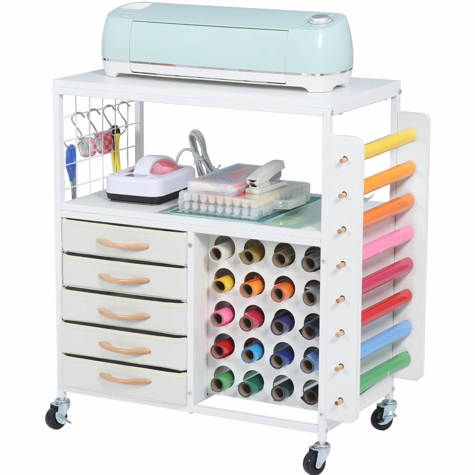 SMONTER Table d'organisation et de rangement pour machines Cricut, chariot roulant avec 28 supports de rouleau de vinyle et 5 tiroirs, support de presse à chaud avec crochets