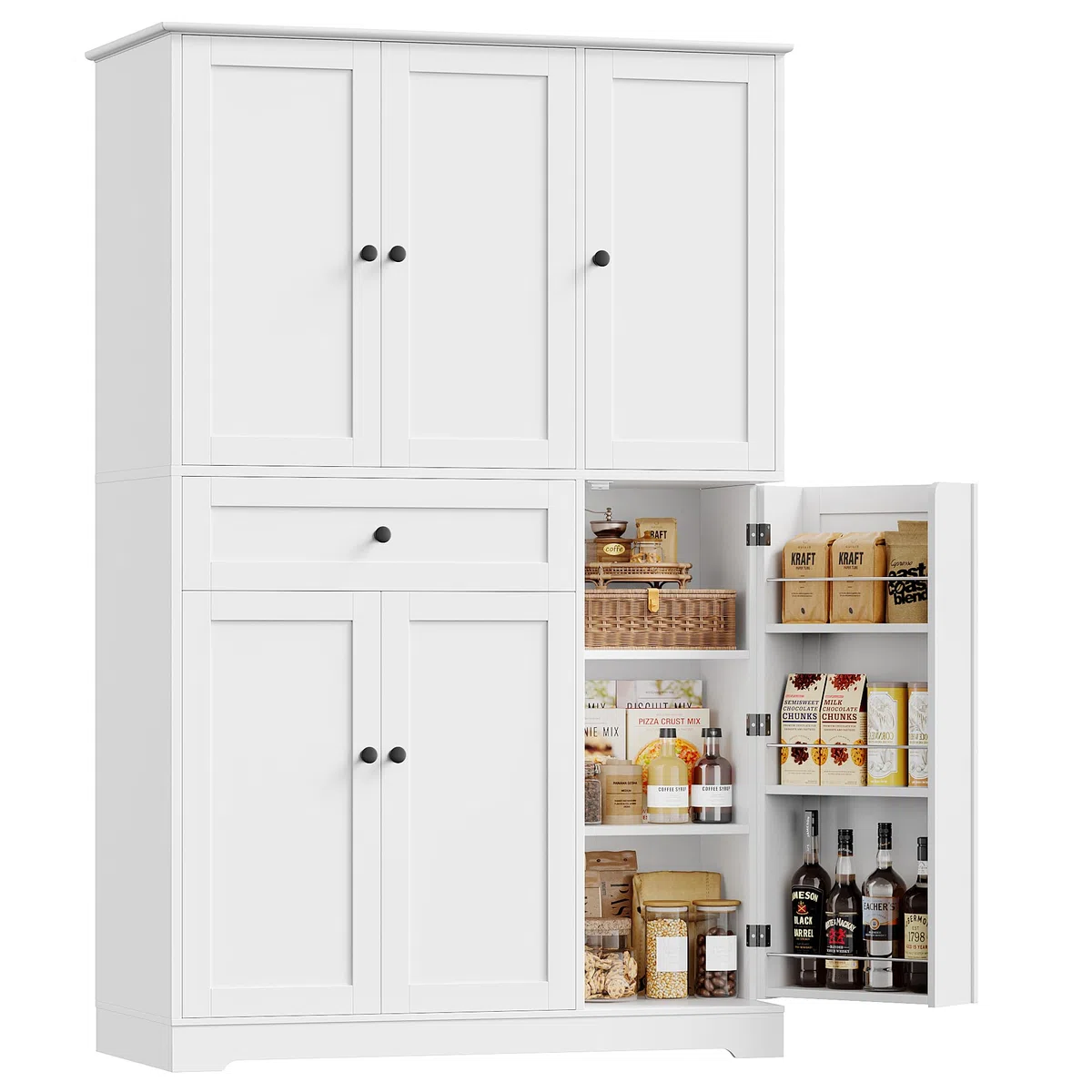 HOSTACK Armoire de Rangement Haute de 172 cm pour Cuisine et Garde-Manger, Meuble de Cuisine Moderne avec Portes et Étagères, Garde-Manger Autoportant avec Grand Tiroir de Rangement pour Salle à