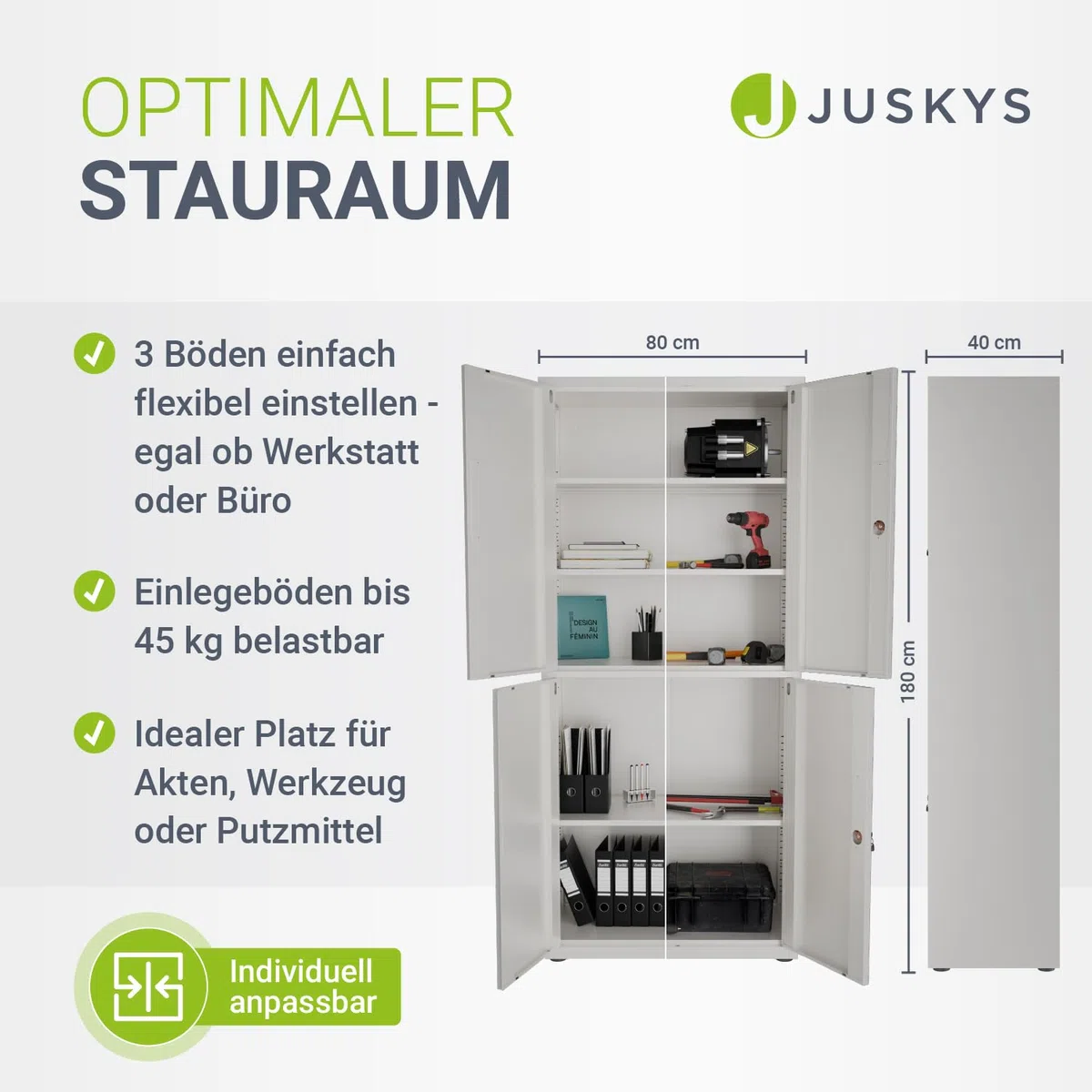 Juskys Armoire de Bureau en métal 180x80x40 cm – Armoire verrouillable en Acier avec 2 Portes, 3 étagères réglables & Pieds Ajustables – Blanc