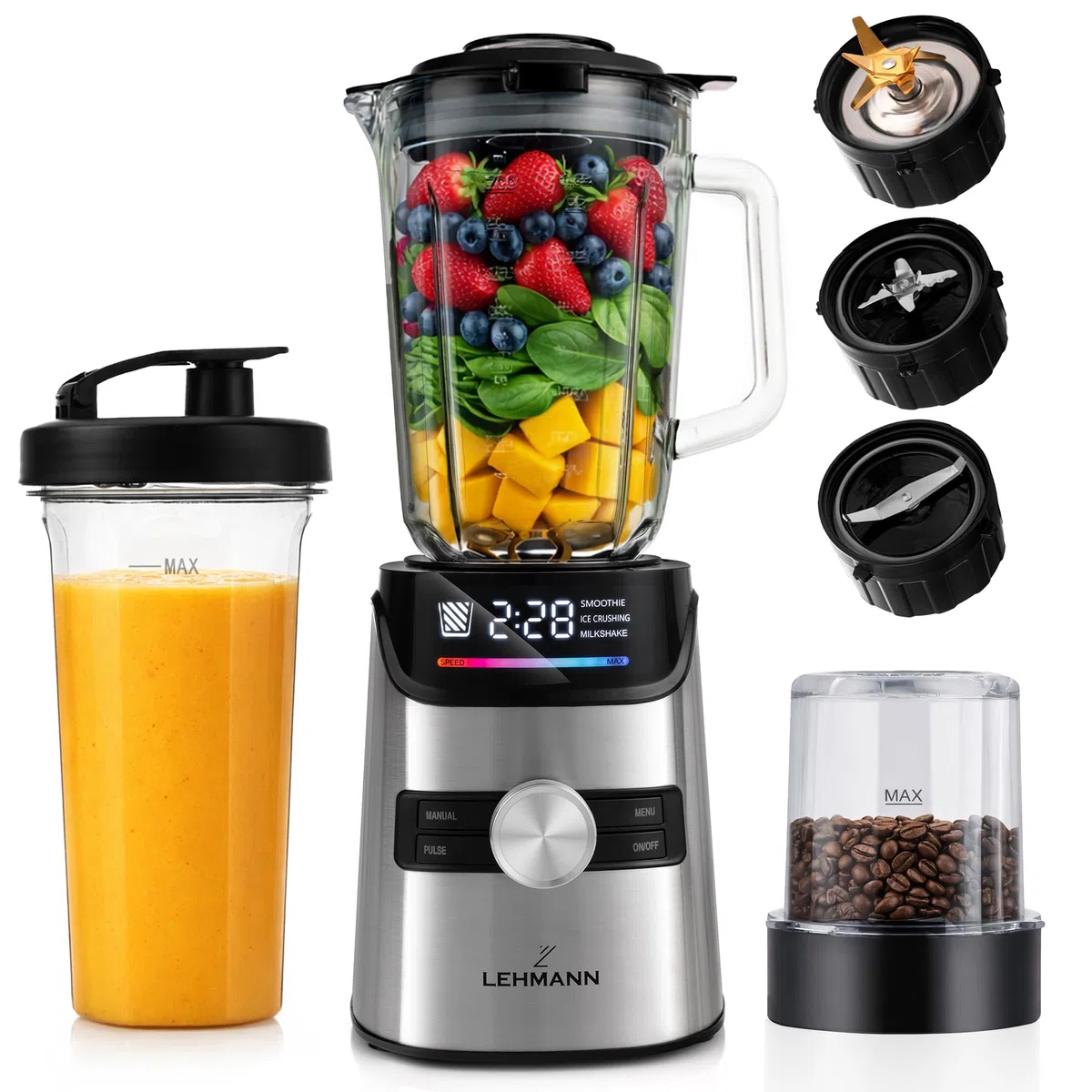 LEHMANN Blender avec Bol en Verre 1,7 L, 10 Vitesse Ajustable, Pulse et 3 Programmes - Smoothie, Milkshake, Glace Pilée, Nettoyage Facile, Bouteille Blend & Go et Moulin sans BPA, 1400 W, Argent