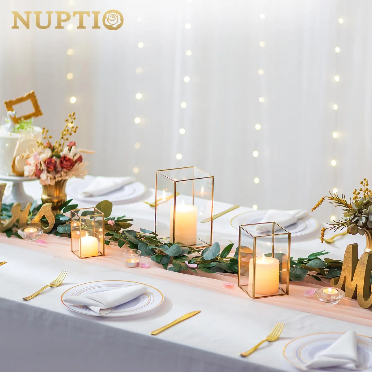 NUPTIO Lanterne Or en Verre Trempé Cheminée 6 Pièces pour Bougies Set Extérieur Carré Décoratif pour Mariage Noël Halloween Ornements Salon Tabletop Cheminée