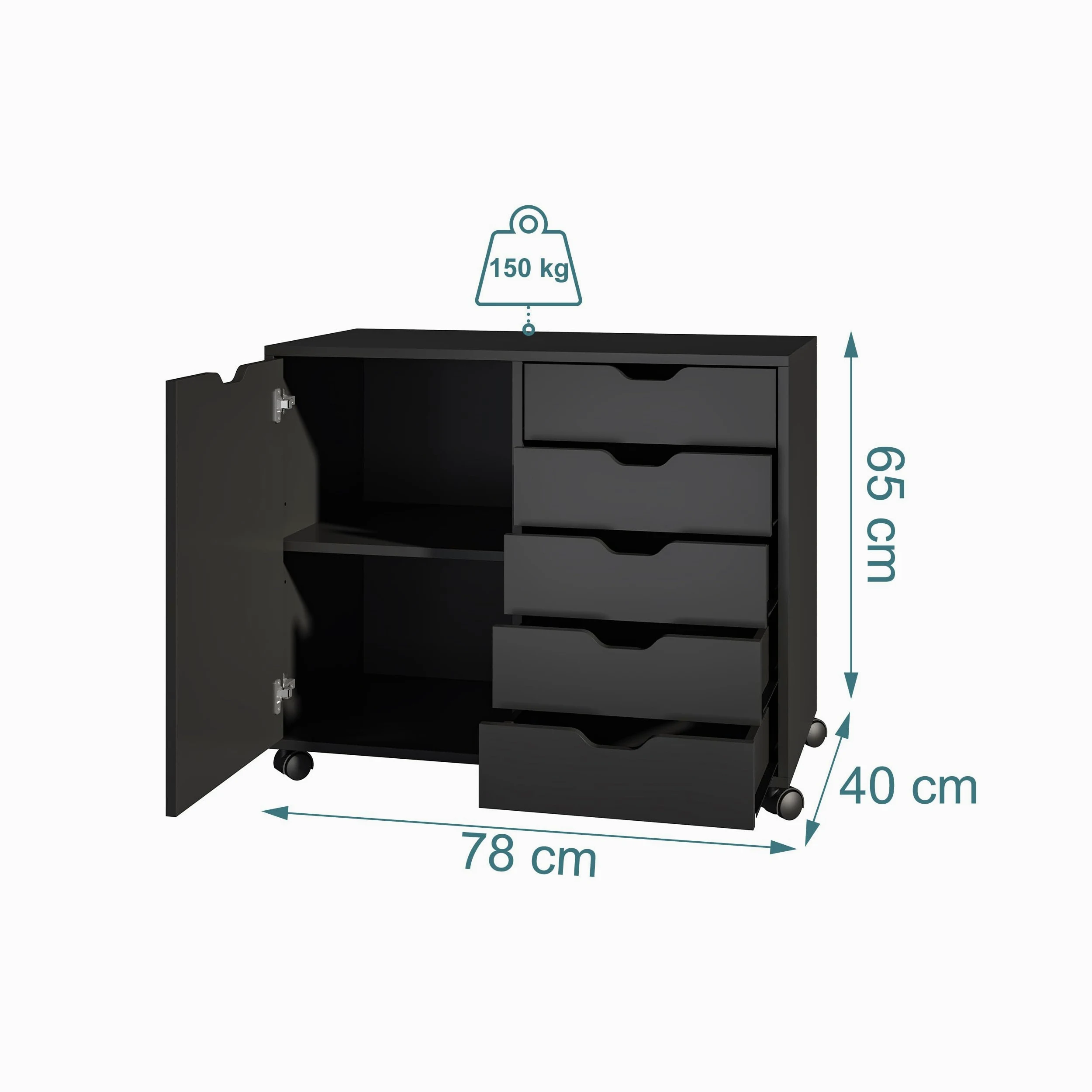 Conteneur à roulettes Relaxdays, 5 tiroirs, H x L x P : 65 x 78 x 40 cm, Armoire de Bureau, Noir
