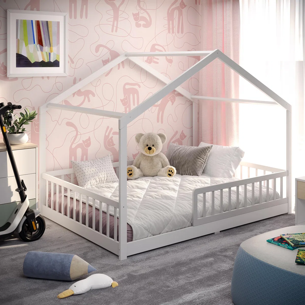 CADANI Malte lit Enfant 140x200 cm – lit cabane avec barrière Amovible, Jusqu’à 200 kg, sommier à Lattes Inclus, lit au Sol Montessori en pin Massif, Blanc