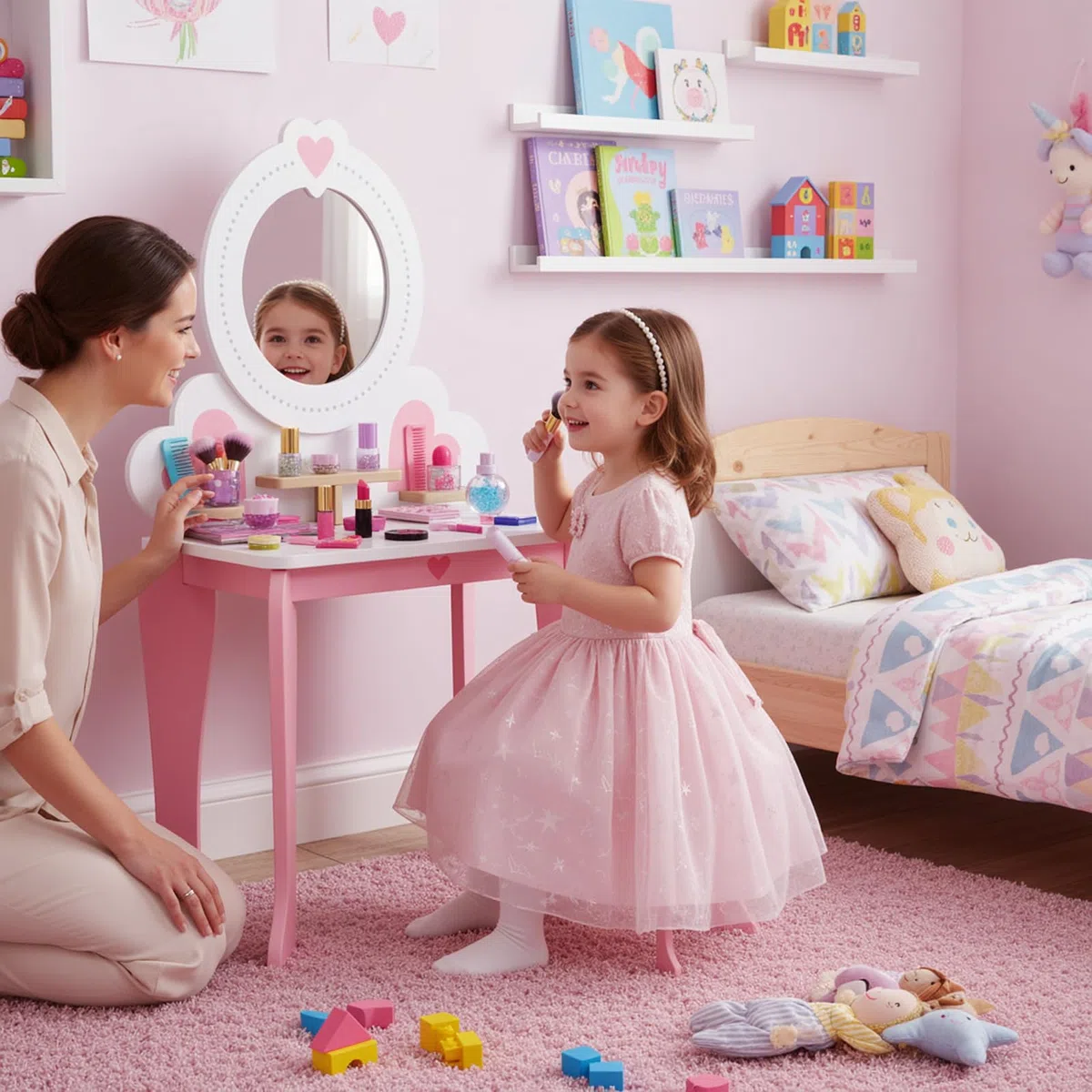 Clevich 2 en 1 Coiffeuse Enfant, Coiffeuse pour Fille avec Miroir et Tabouret Enfant, Bureau pour Enfants, Table de Maquillage pour Enfants 3 à 8 Ans (Rose)