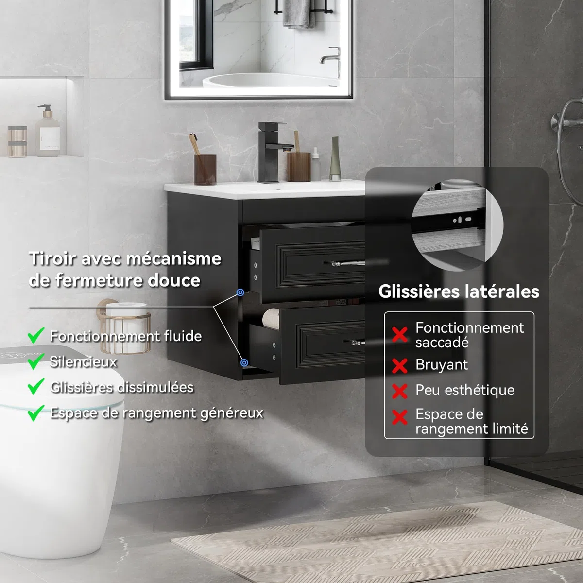 YU YUSING 60 cm Ensemble de Meuble de Salle de Bain Suspendu - Lavabo Céramique Blanc Incrusté, Robinet Noir, 2 Grands Tiroirs à Fermeture Douce, Design Moderne, Blanc et Noir, pour Espace Réduit