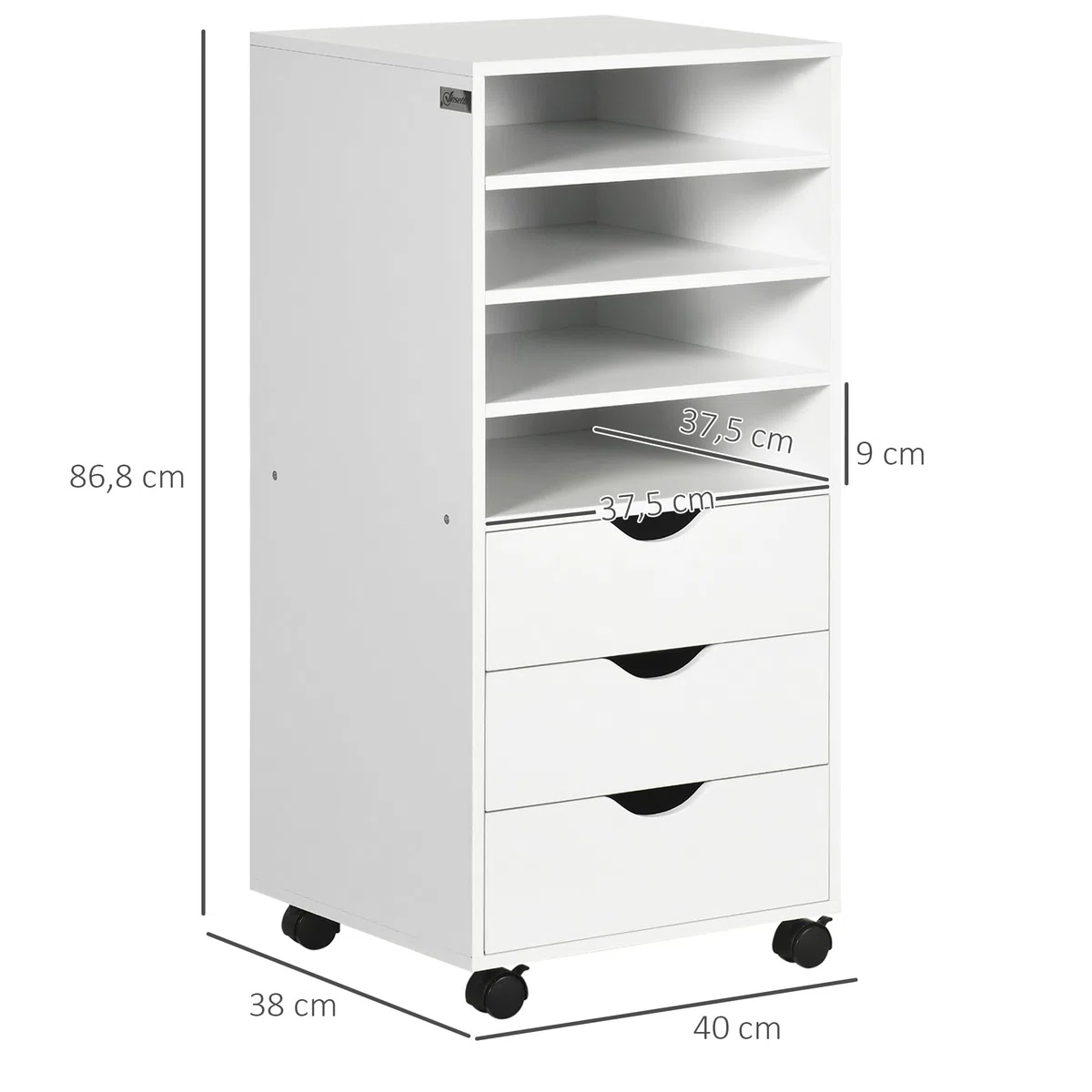 Vinsetto Commode de Bureau à Roulettes avec 3 Tiroirs et 4 Étagères Ouvertes - Bureau et Étude - Blanc - 40 x 30 x 83 cm