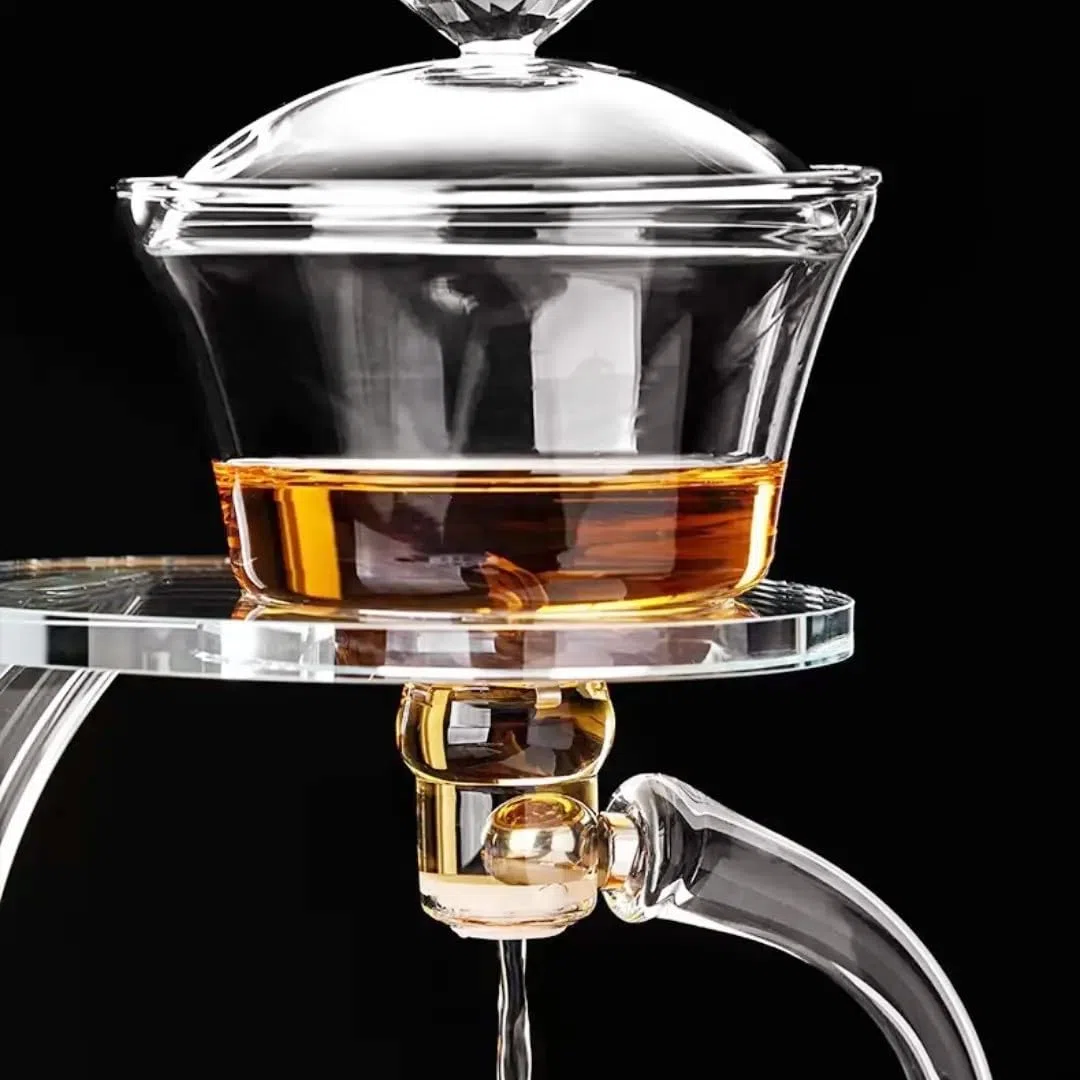 Théière en verre semi-automatique rotative avec infuseur chinois résistant à la chaleur (transparent)