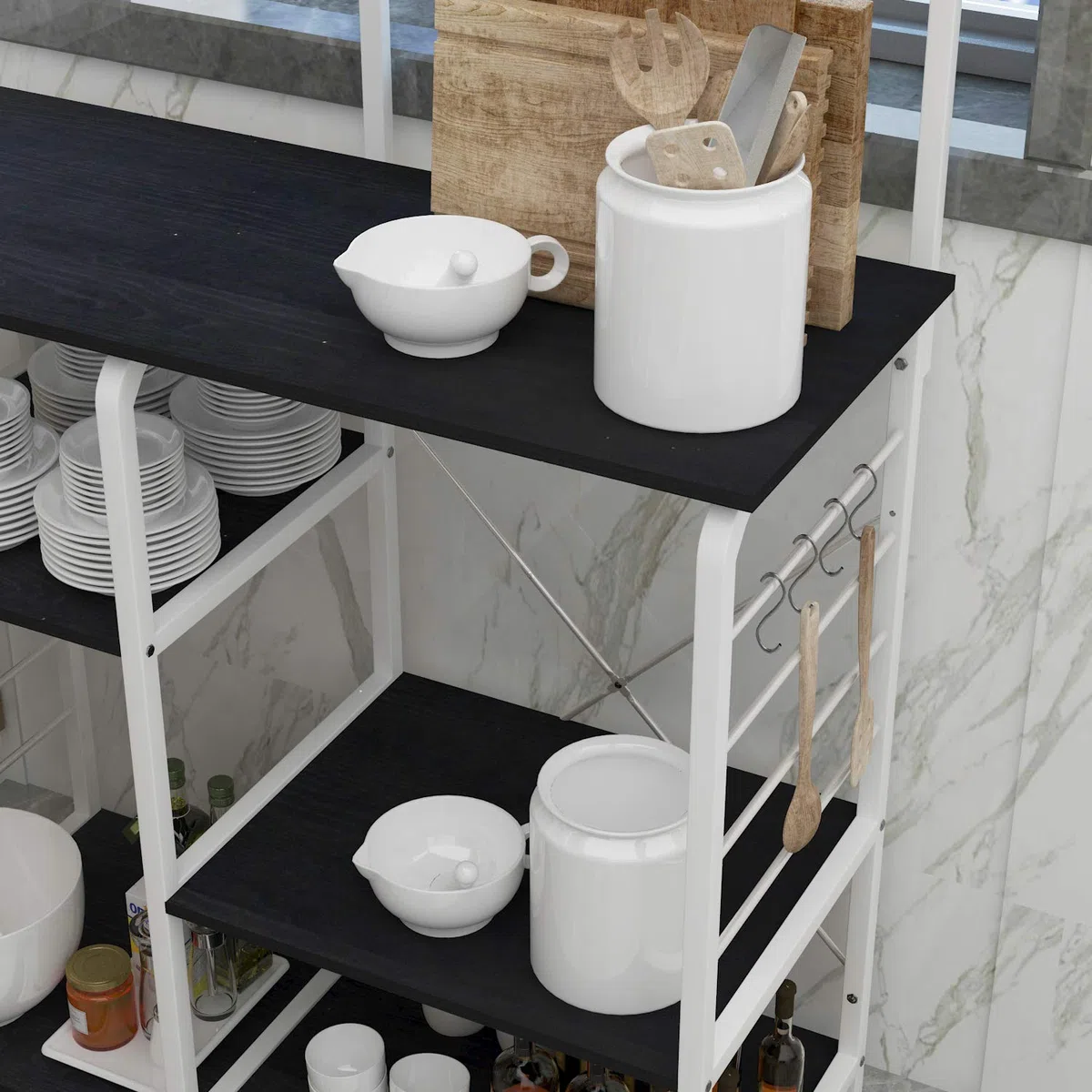 DlandHome Etagères de Cuisine pour Le Stockage, Meuble Rangement Desserte de Cuisine avec 3+4 Tablettes pour Micro-Ondes, Four, Outils de Cuisine, 90L * 42W * 130H cm Noir