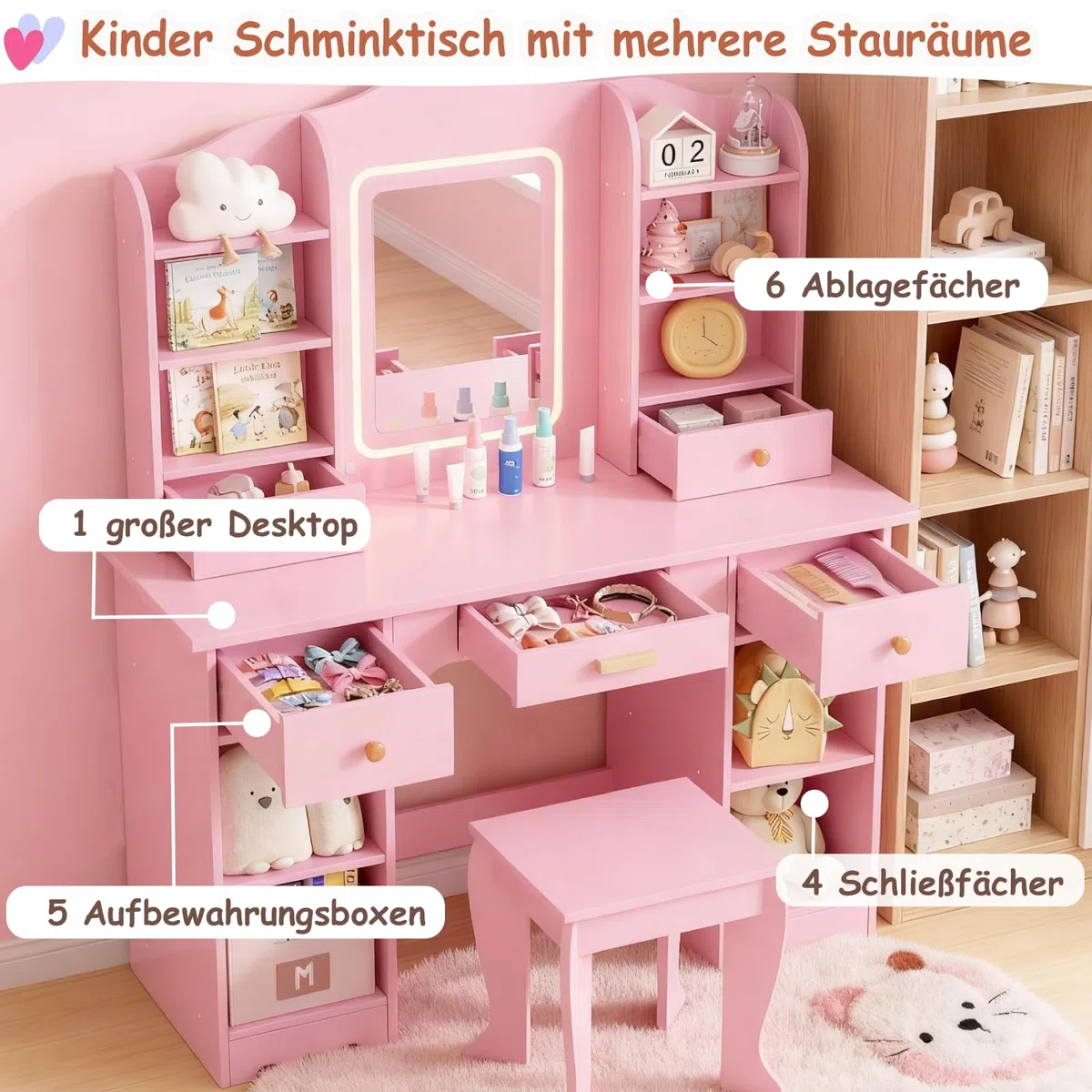MAMIZO Coiffeuse pour Enfants avec Miroir LED, Coiffeuse pour Fille avec Tabouret, Table de Maquillage Fille avec 5 Tiroirs et 10 Compartiments de Rangement, 95x34x118cm, Bureau pour Enfant (Rose)