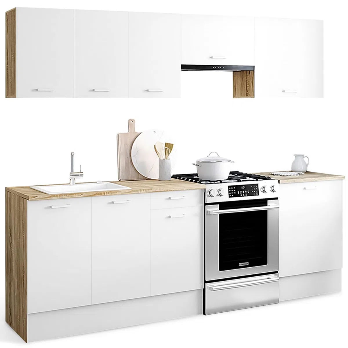 IDMarket - Cuisine complète 240 cm Subtil avec Plan de Travail 7 éléments Bois et Blanc