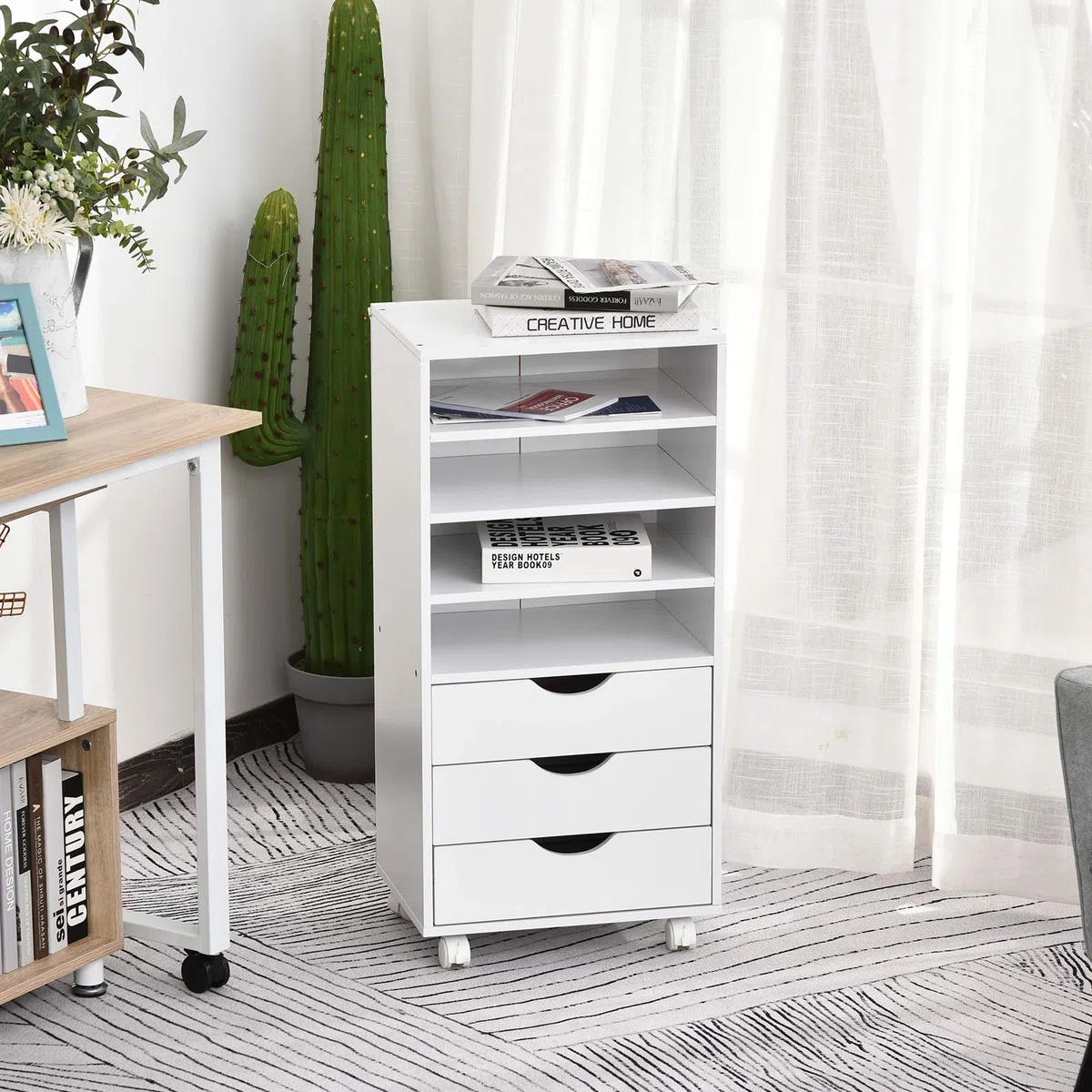 Vinsetto Commode de Bureau à Roulettes avec 3 Tiroirs et 4 Étagères Ouvertes - Bureau et Étude - Blanc - 40 x 30 x 83 cm