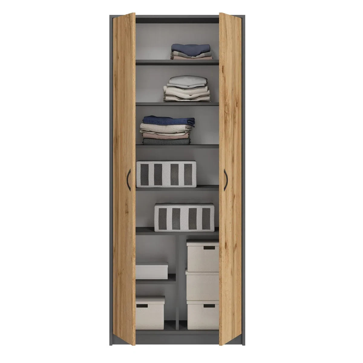 Home Collective Armoire Multi-usages Anthracite-chêne 74 cm L x 180 cm H avec 6 étagères et Compartiment supplémentaire, Rangement en Bois pour Chambre, Bureau ou Couloir
