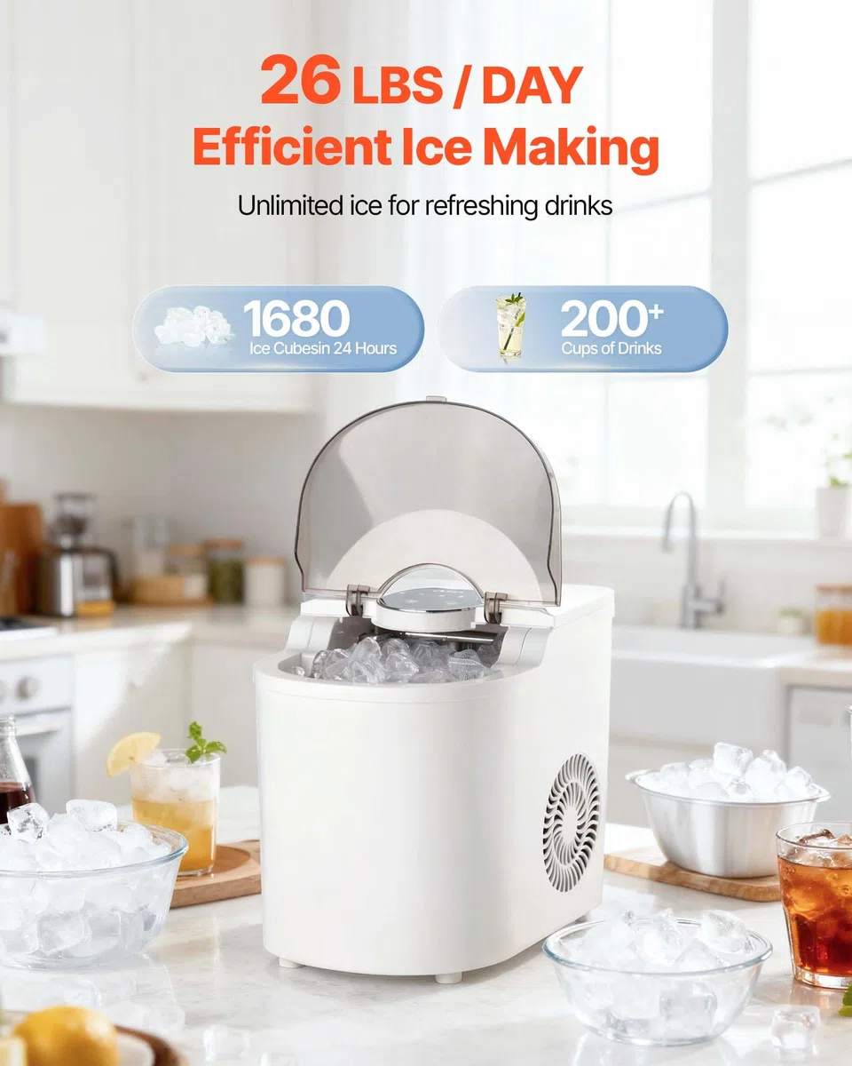 VEVOR Machine à Glaçons de Comptoir Portable, Appareil à Glaçons Capacité de Production 11,8 kg/24 h et 7 Cubes Prêts en 6 Minutes, pour Bar Bureau Cuisine Maison, Autonettoyant, avec Pelle à Glace