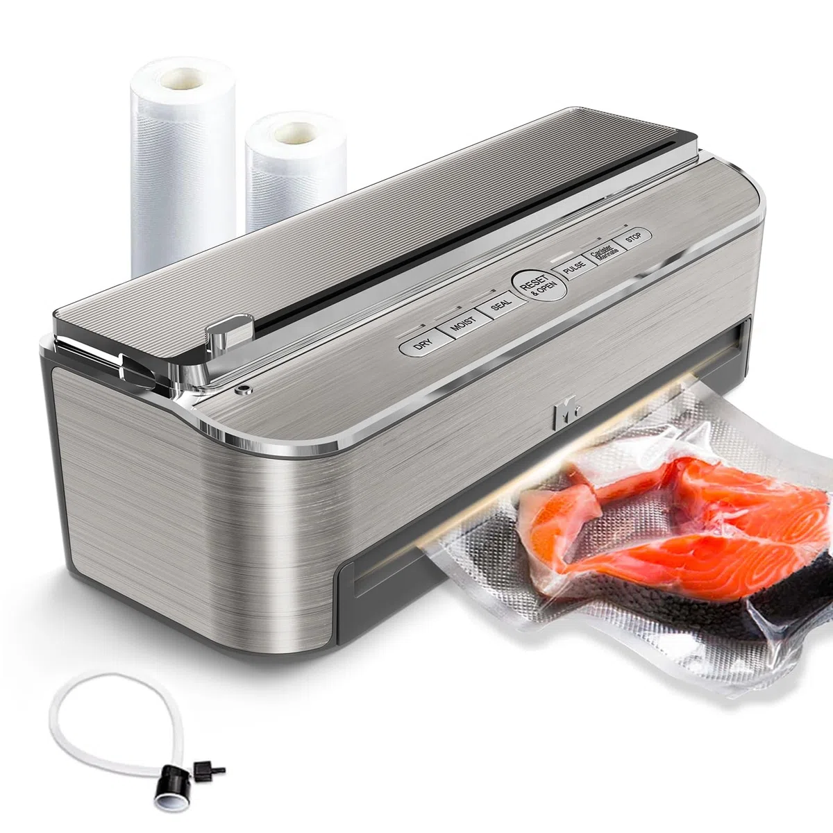 Mesliese 85 kPa 120 W Machine Sous Vide Alimentaire, Système D'étanchéité Puissant, Cutter Intégré, Rangement de Sacs, Mode Humide et Tuyau D'aspiration D'air, 2 Rouleaux de Sac (Argenté)