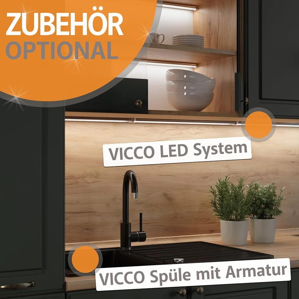 Vicco Cuisine R-Line, Chêne Artisan/Anthracite, 350cm avec Armoire Haute, PT Anthracite, adapté à Une Extension Flexible avec des modules supplémentaires