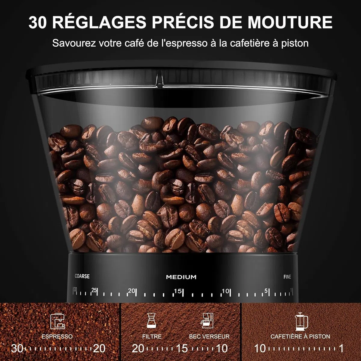 AMZCHEF Moulin à Café Electrique 160 W | 30 Réglages de mouture grossière à fine | 1-12 Tasses ou jusqu'à 40 secondes | Capacité de 300 g | Moulin a cafe en écran LCD et Minuterie Numérique | Argent