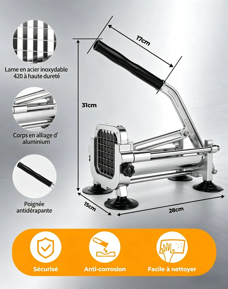 Coupe Frite Professionnel avec Lames 13 mm, 9 mm, 6.5 mm Coupe-Frites Manuel en Acier Inoxydable Coupe Patate frite pour Patates Douces, Carottes, Ignames et Concombres