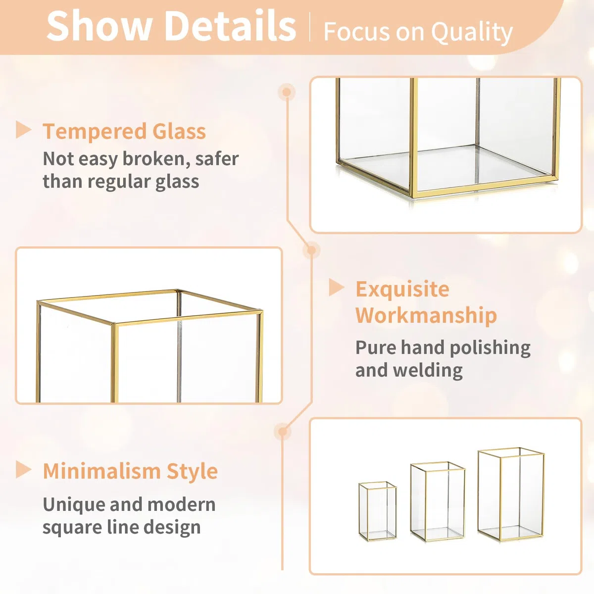 NUPTIO Lanterne Or en Verre Trempé Cheminée 6 Pièces pour Bougies Set Extérieur Carré Décoratif pour Mariage Noël Halloween Ornements Salon Tabletop Cheminée
