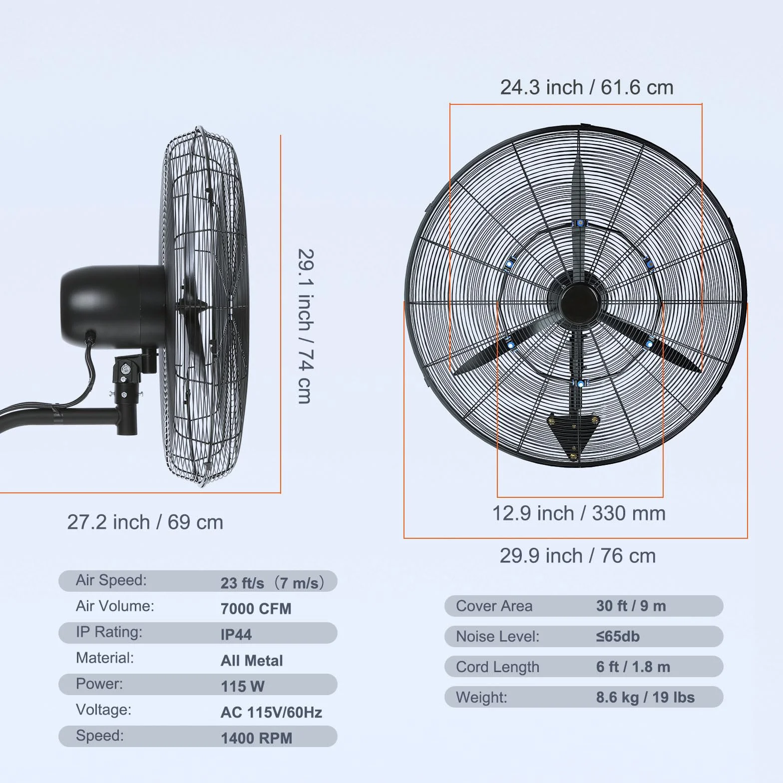 VEVOR Ventilateur brumisateur mural, 61,6 cm, ventilateur industriel oscillant étanche, 3 vitesses, 7000 CFM, ventilateur commercial ou résidentiel pour refroidissement entrepôt, serre, atelier, noir