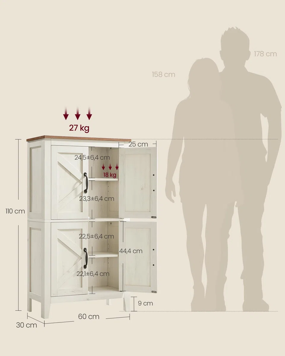 VASAGLE LIRY Collection – Armoire de Rangement avec Portes de Grange, Buffet Haut, Style Ferme, pour Cuisine, Salle de Bain, Salon ou Salle à Manger, Étagères Réglables, Blanc Rustique BBK773W01