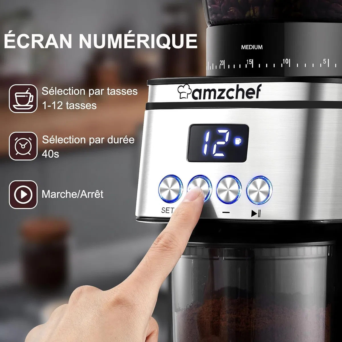 AMZCHEF Moulin à Café Electrique 160 W | 30 Réglages de mouture grossière à fine | 1-12 Tasses ou jusqu'à 40 secondes | Capacité de 300 g | Moulin a cafe en écran LCD et Minuterie Numérique | Argent